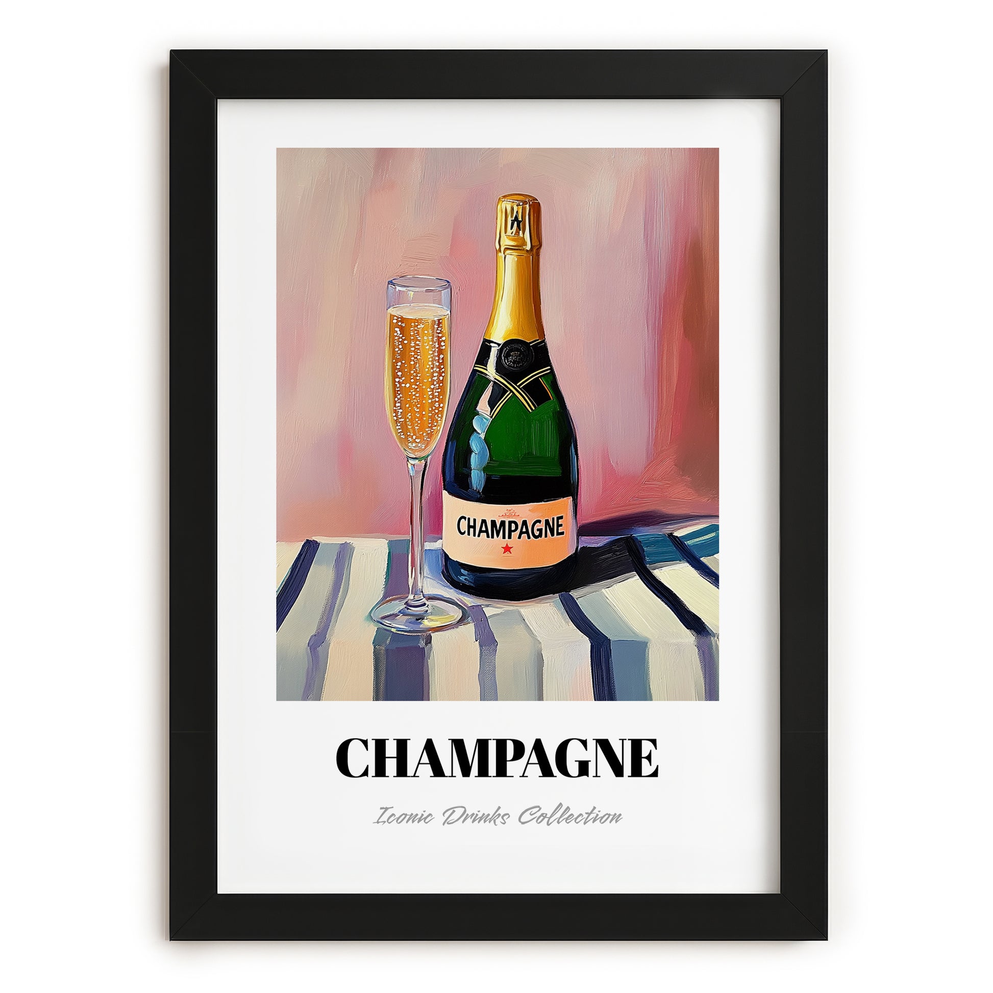 Champagne – on Striped Tablecloth, French Sparkling Wine Poster, in sleek black frame