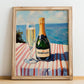 Champagne – French Seaside Scene, French Sparkling Wine Poster, no-text version framed in wood