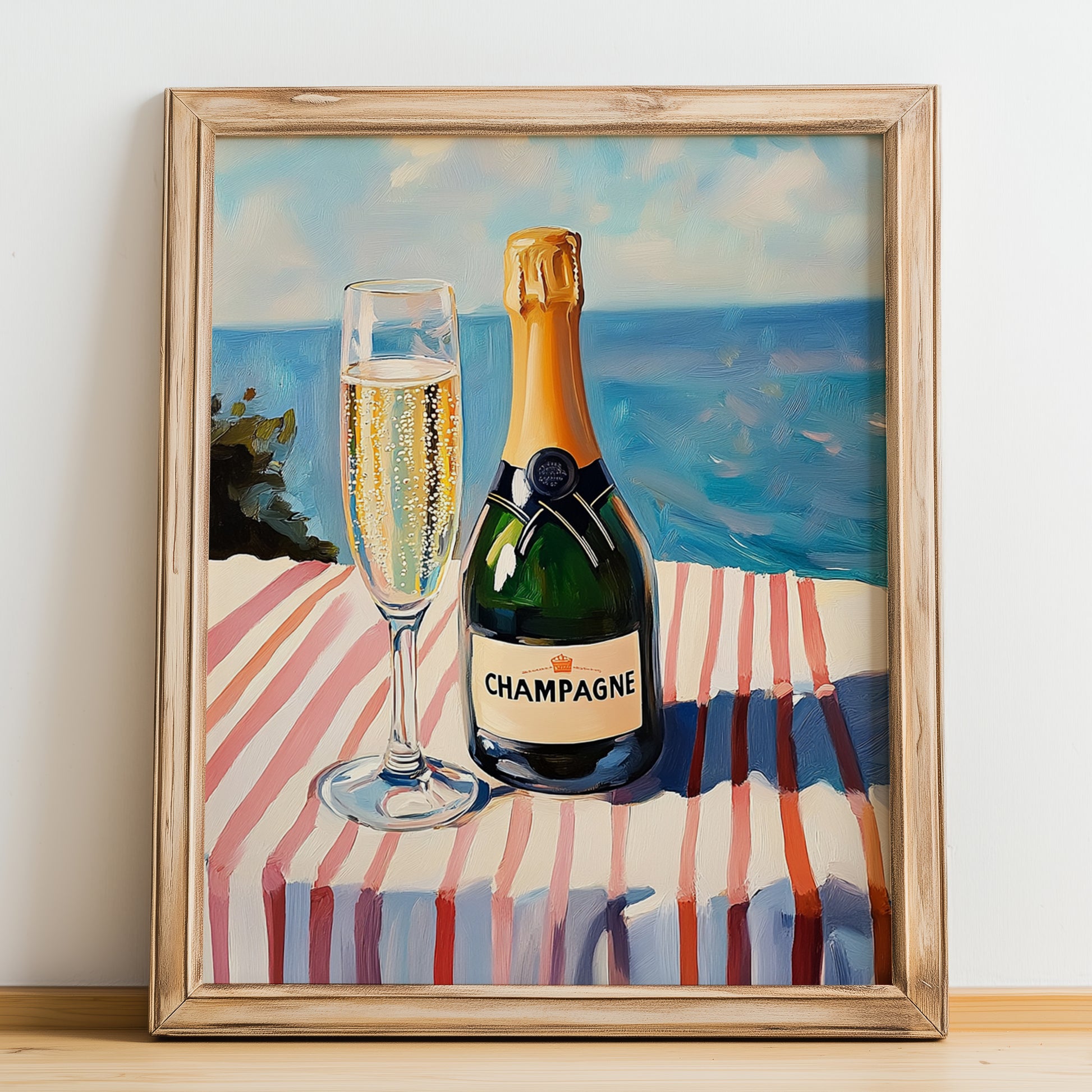 Champagne – French Seaside Scene, French Sparkling Wine Poster, no-text version framed in wood