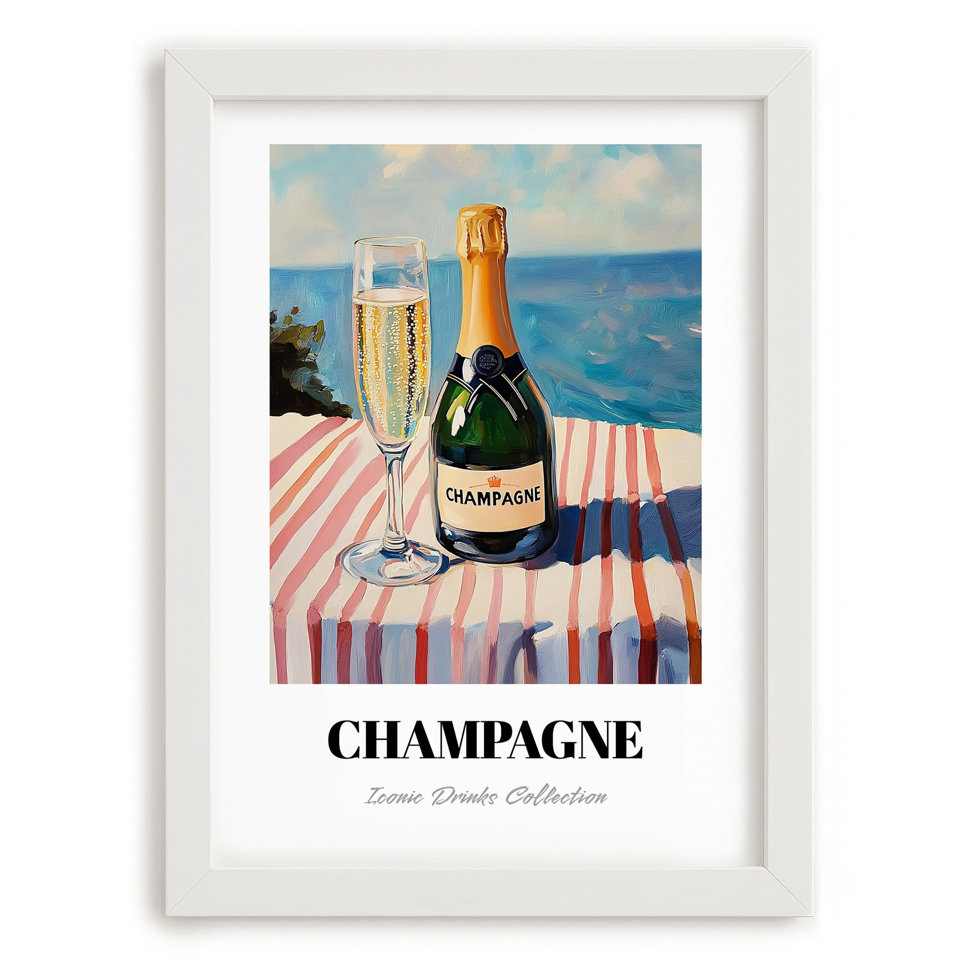 Champagne – French Seaside Scene, French Sparkling Wine Poster, placed in minimal white frame