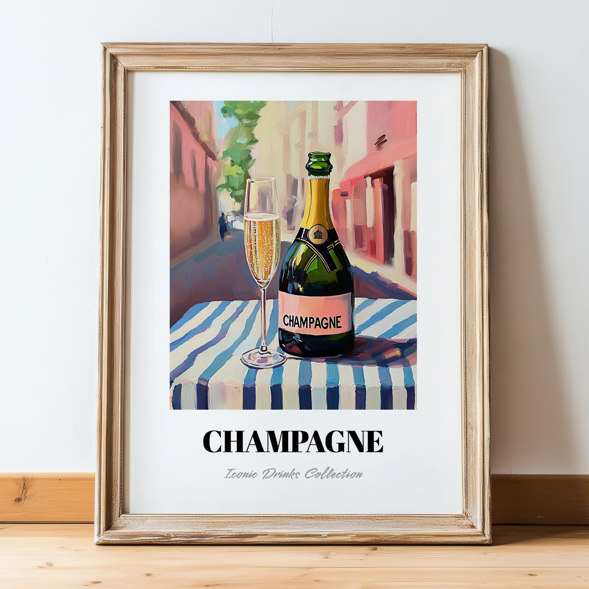 Champagne – French Street Café Scene, French Sparkling Wine Still Life, in wooden frame leaning on the floor