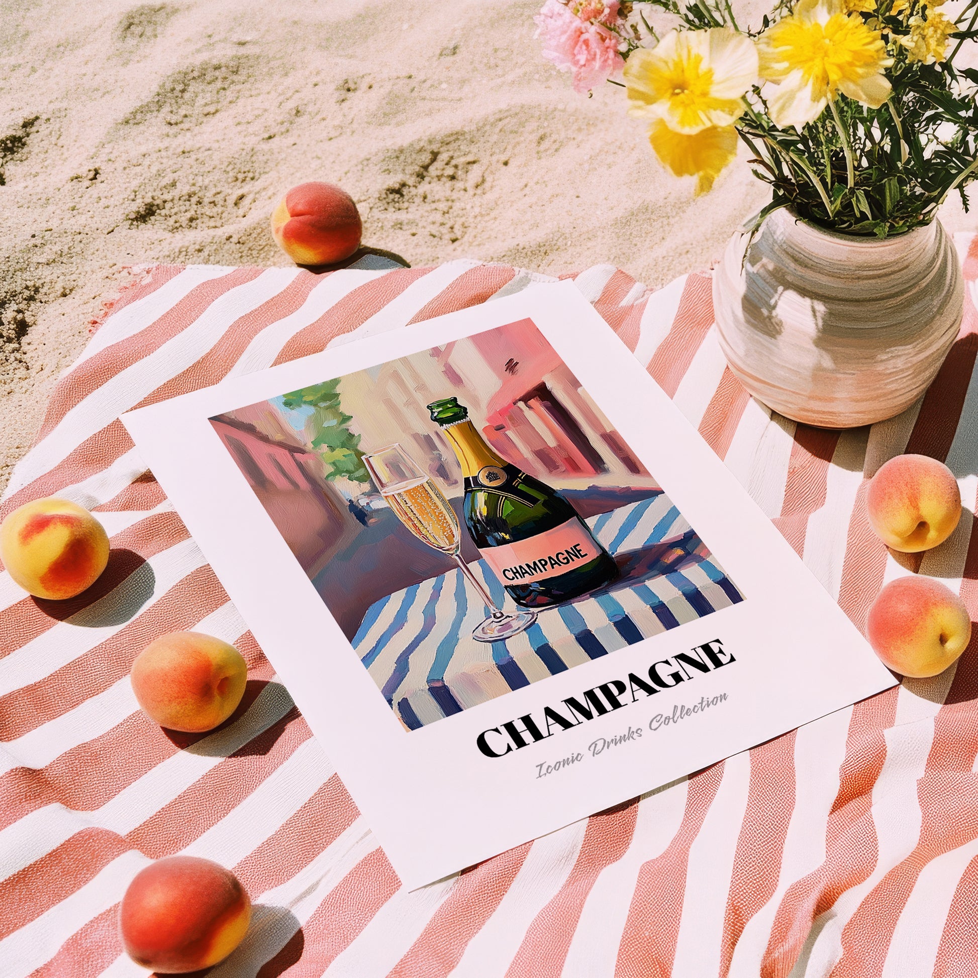 Champagne – French Street Café Scene, French Sparkling Wine Still Life, unframed on coastal sand
