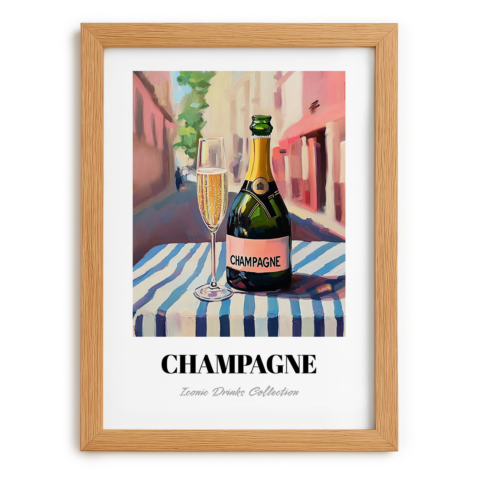Champagne – French Street Café Scene, French Sparkling Wine Still Life, set in oak frame