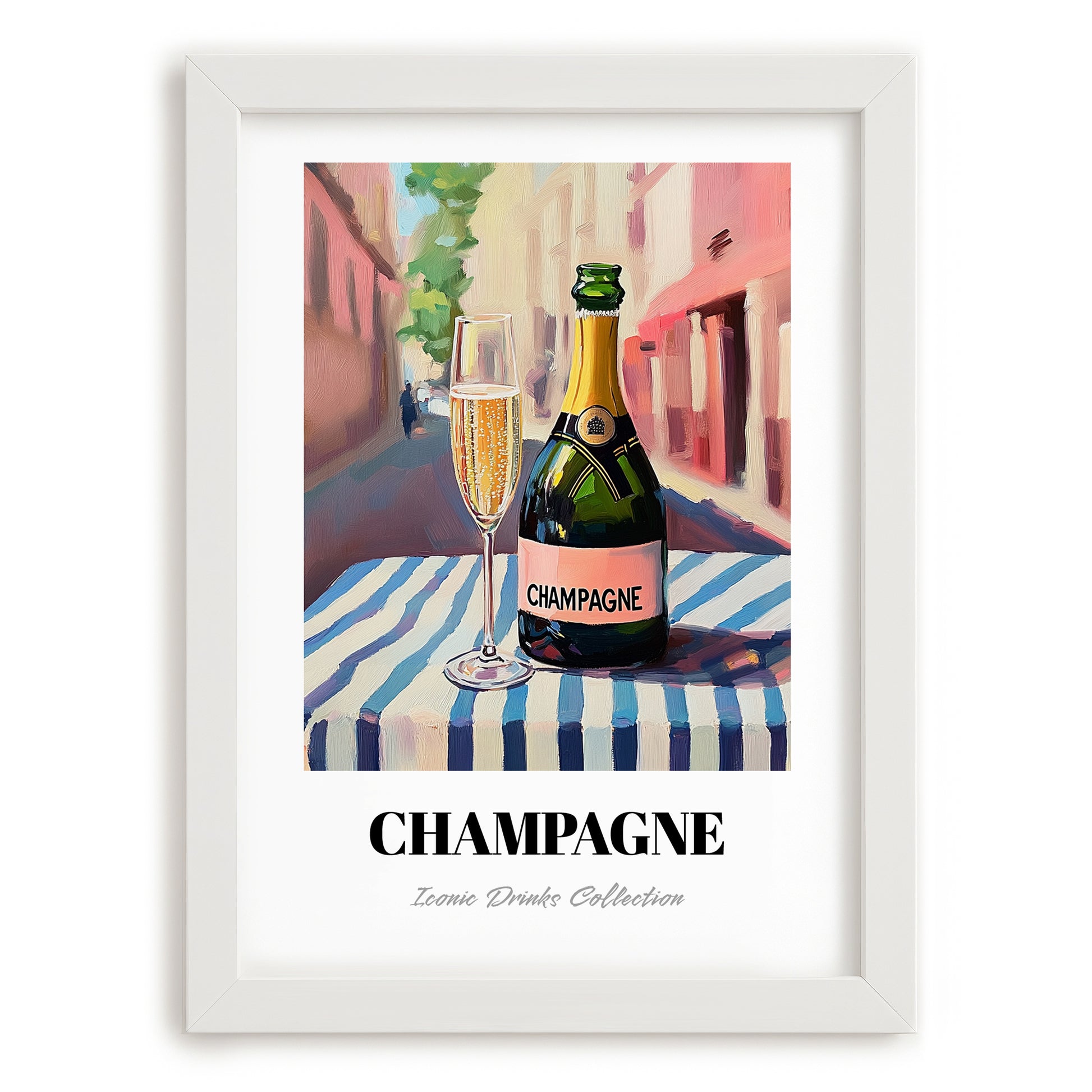Champagne – French Street Café Scene, French Sparkling Wine Still Life, placed in minimal white frame