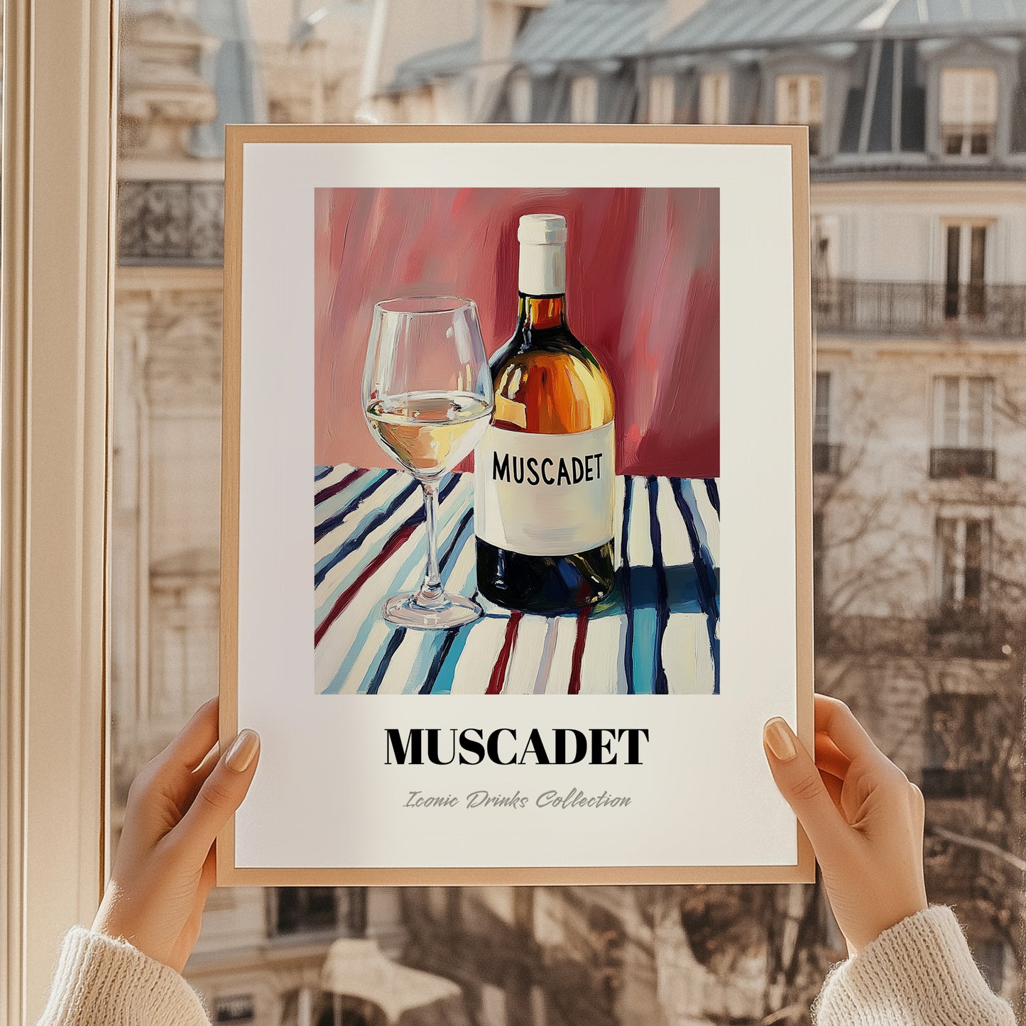 Muscadet – on Striped Tablecloth, French Wine Poster, styled in a charming Paris street view