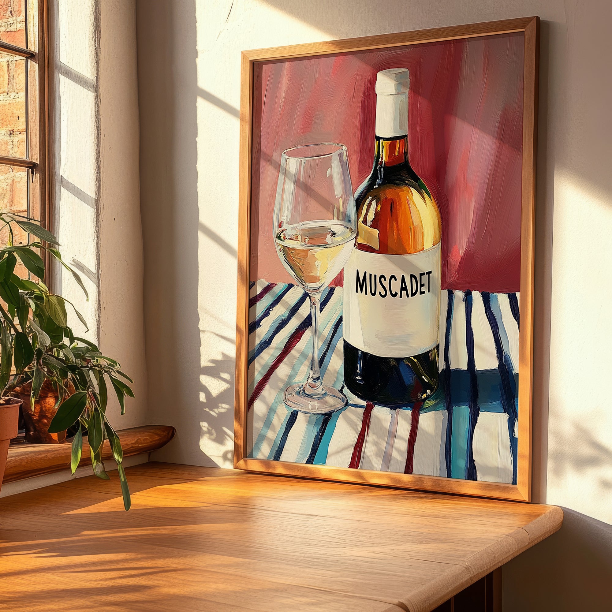 Muscadet – on Striped Tablecloth, French Wine Poster, clean layout with no caption