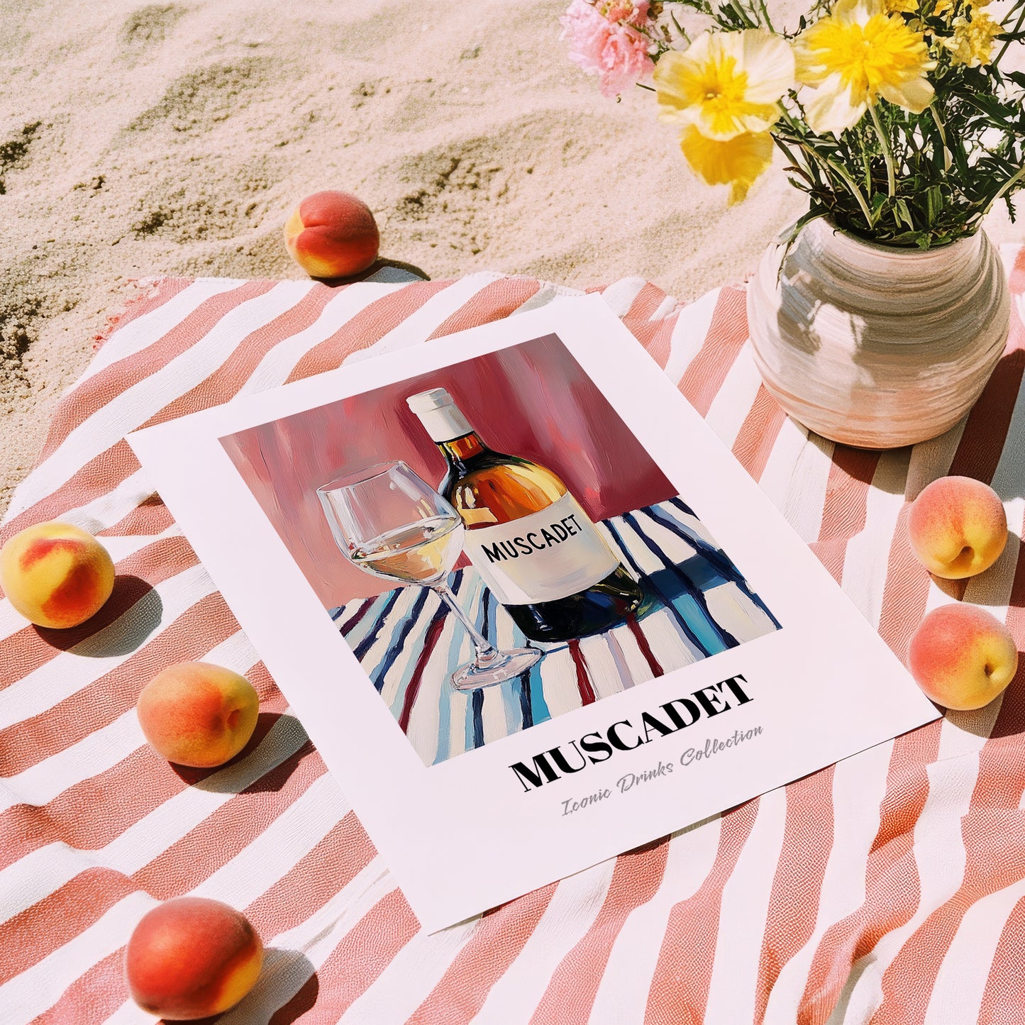 Muscadet – on Striped Tablecloth, French Wine Poster, unframed on coastal sand