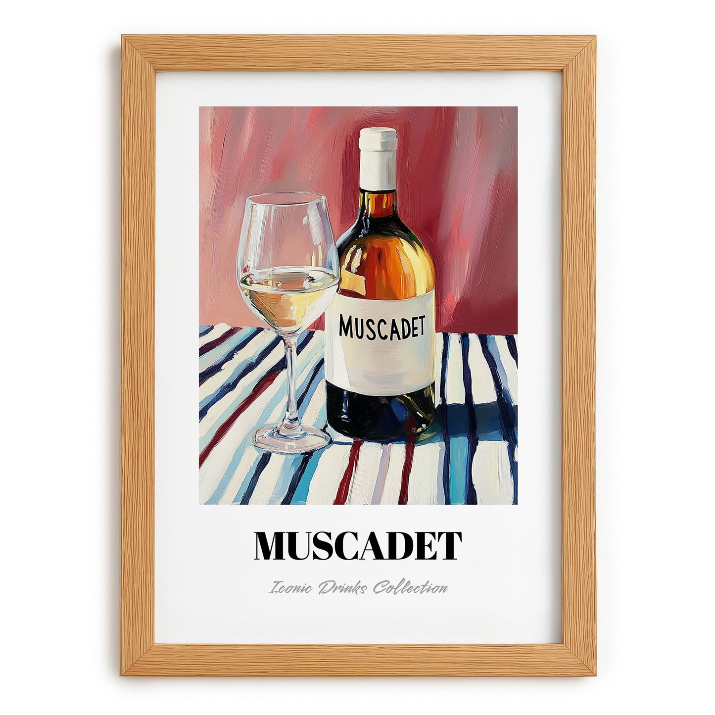 Muscadet – on Striped Tablecloth, French Wine Poster, set in oak frame