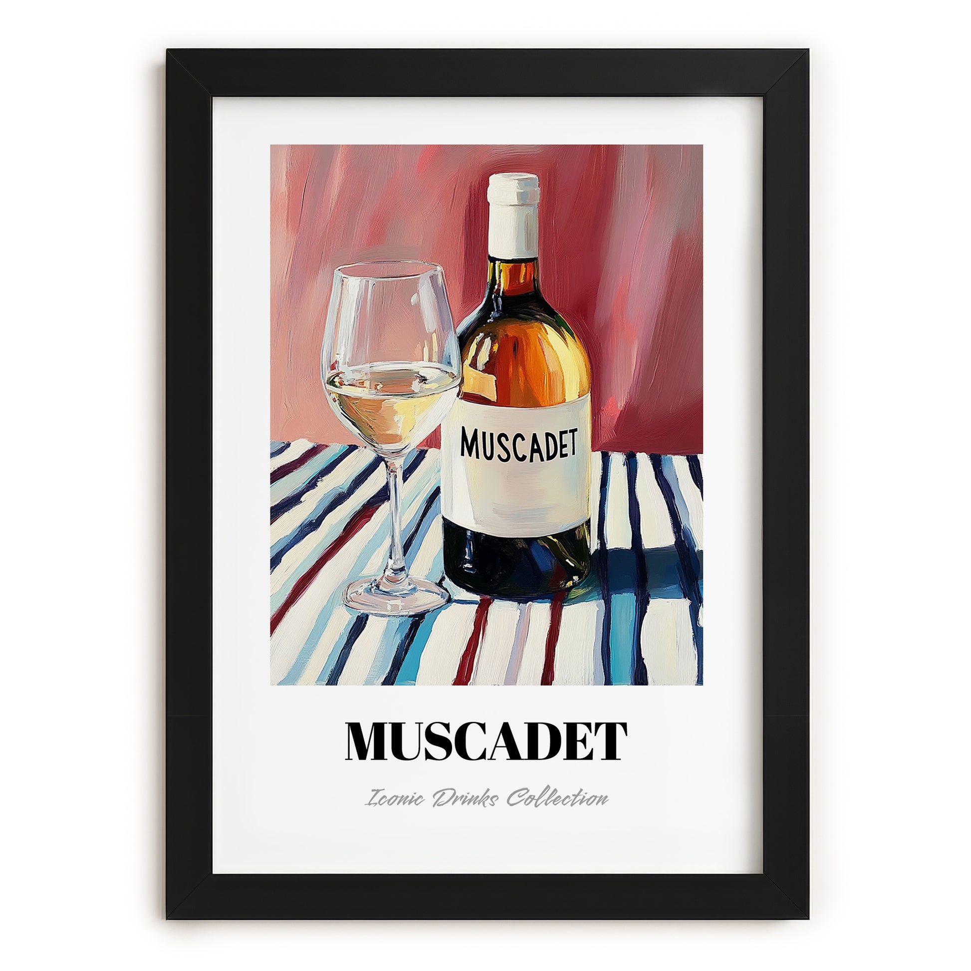 Muscadet – on Striped Tablecloth, French Wine Poster, in sleek black frame