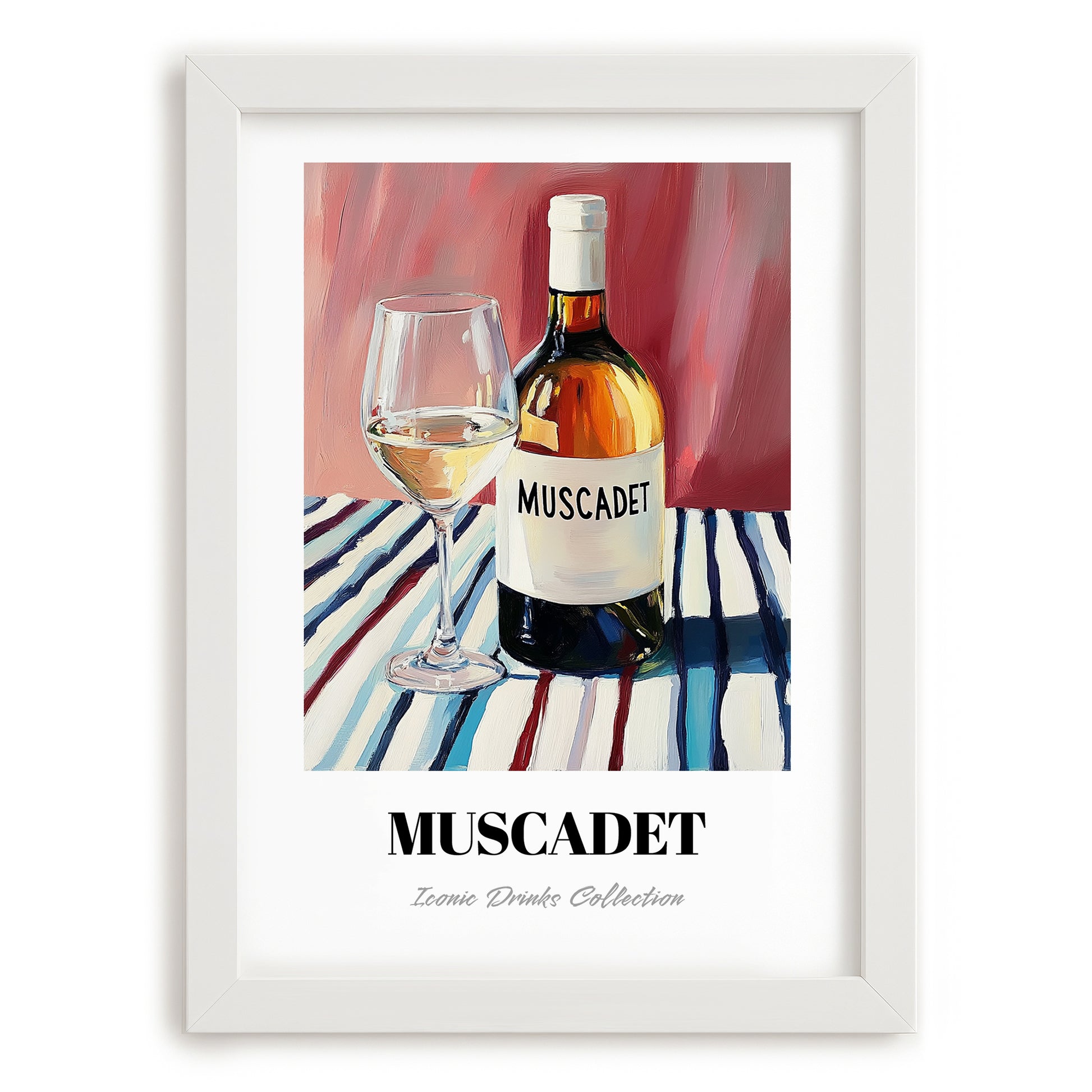 Muscadet – on Striped Tablecloth, French Wine Poster, placed in minimal white frame