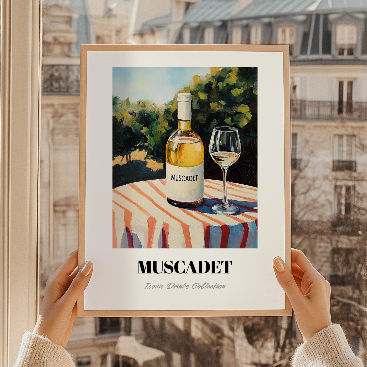 Muscadet – French Hilltop Table Scene, French Wine Print, styled in a charming Paris street view