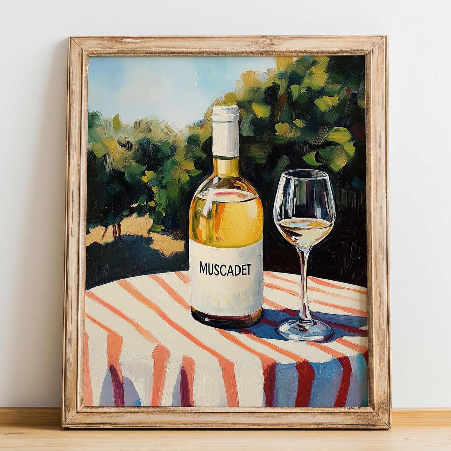 Muscadet – French Hilltop Table Scene, French Wine Print, no-text version framed in wood