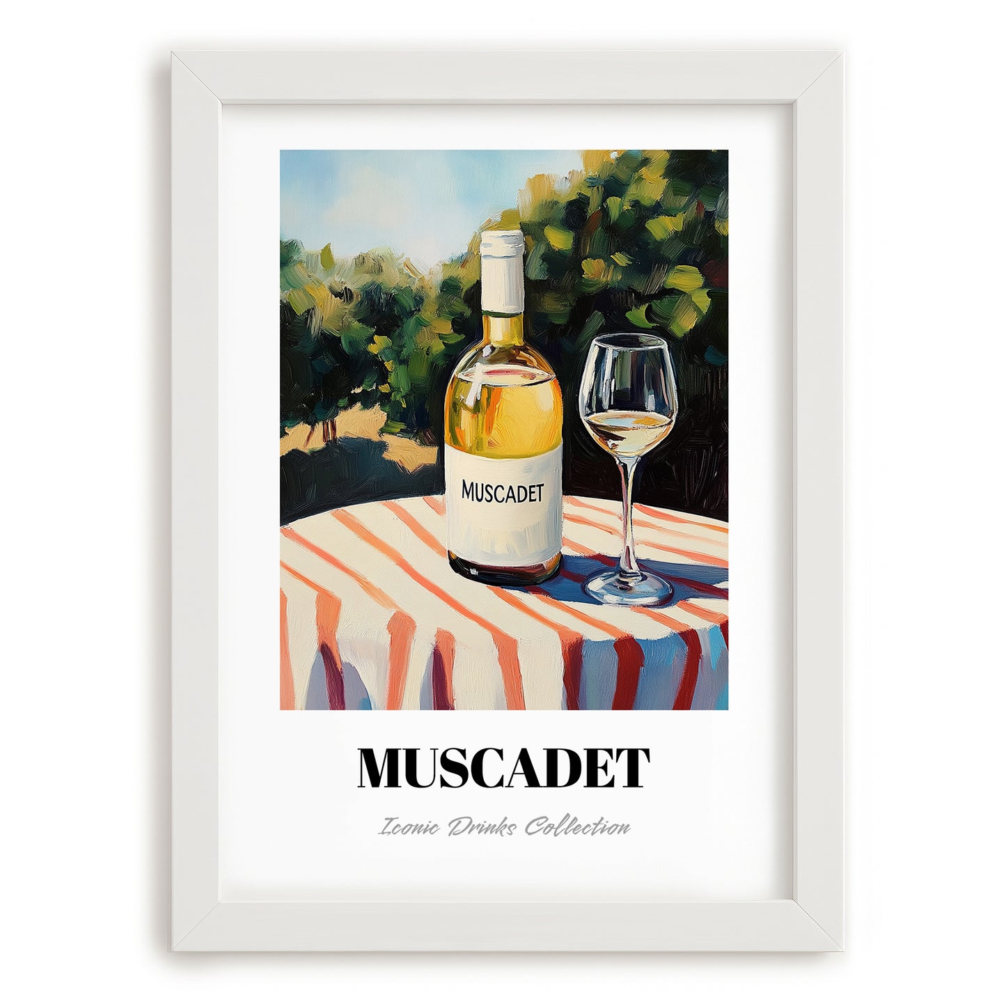 Muscadet – French Hilltop Table Scene, French Wine Print, placed in minimal white frame