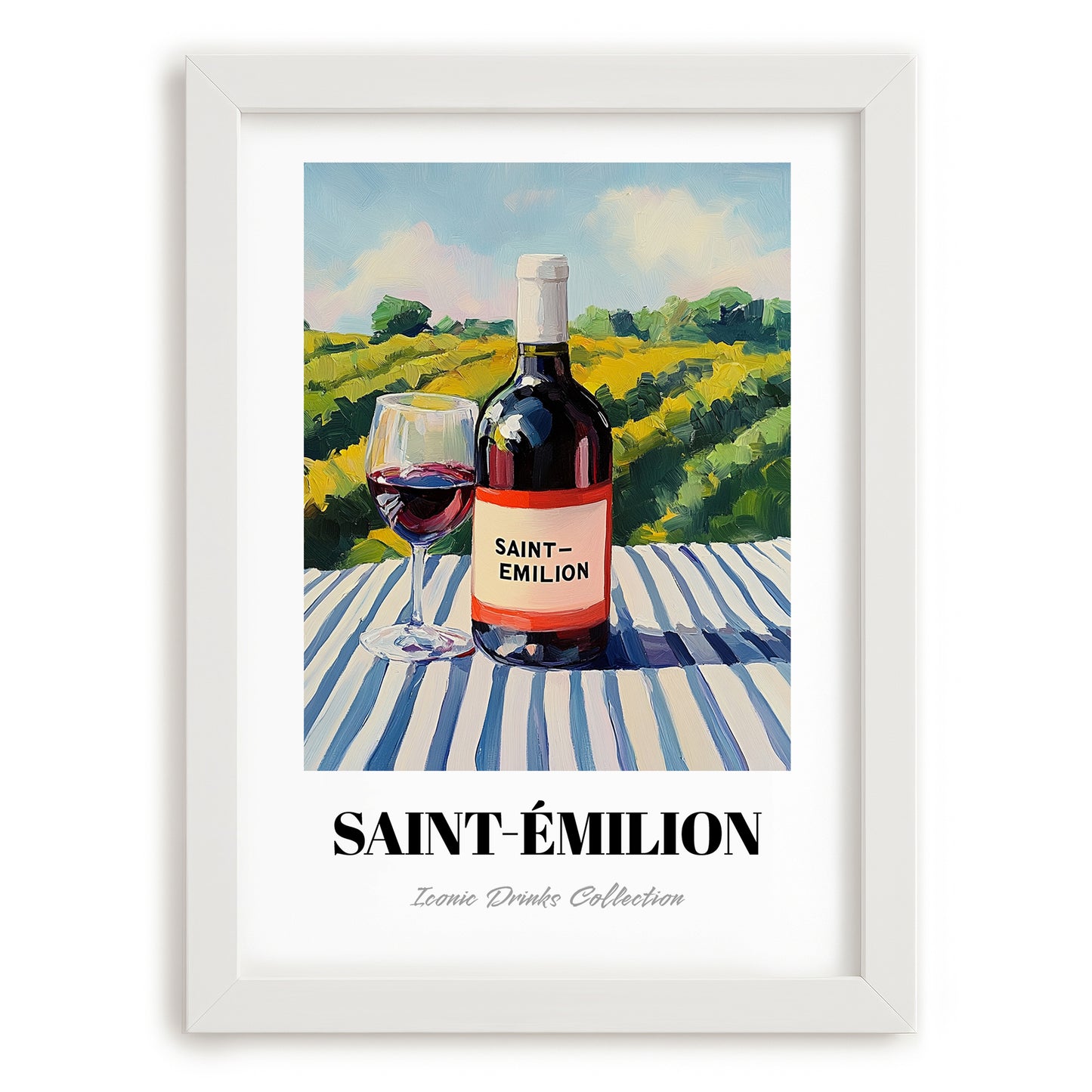 Saint-émilion – French Hillside Café View, French Wine Wall Painting, placed in minimal white frame
