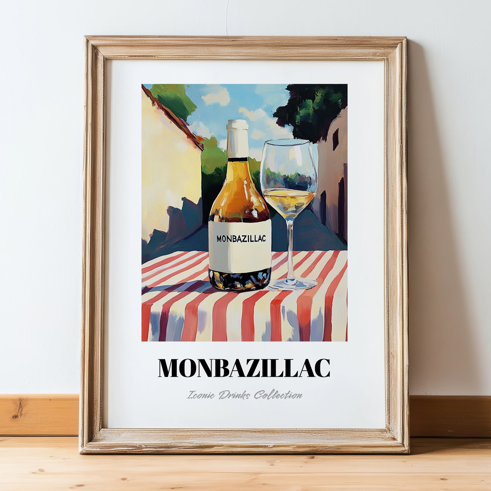 Monbazillac – French Urban Café Scene, French Wine Wall Art, in wooden frame leaning on the floor