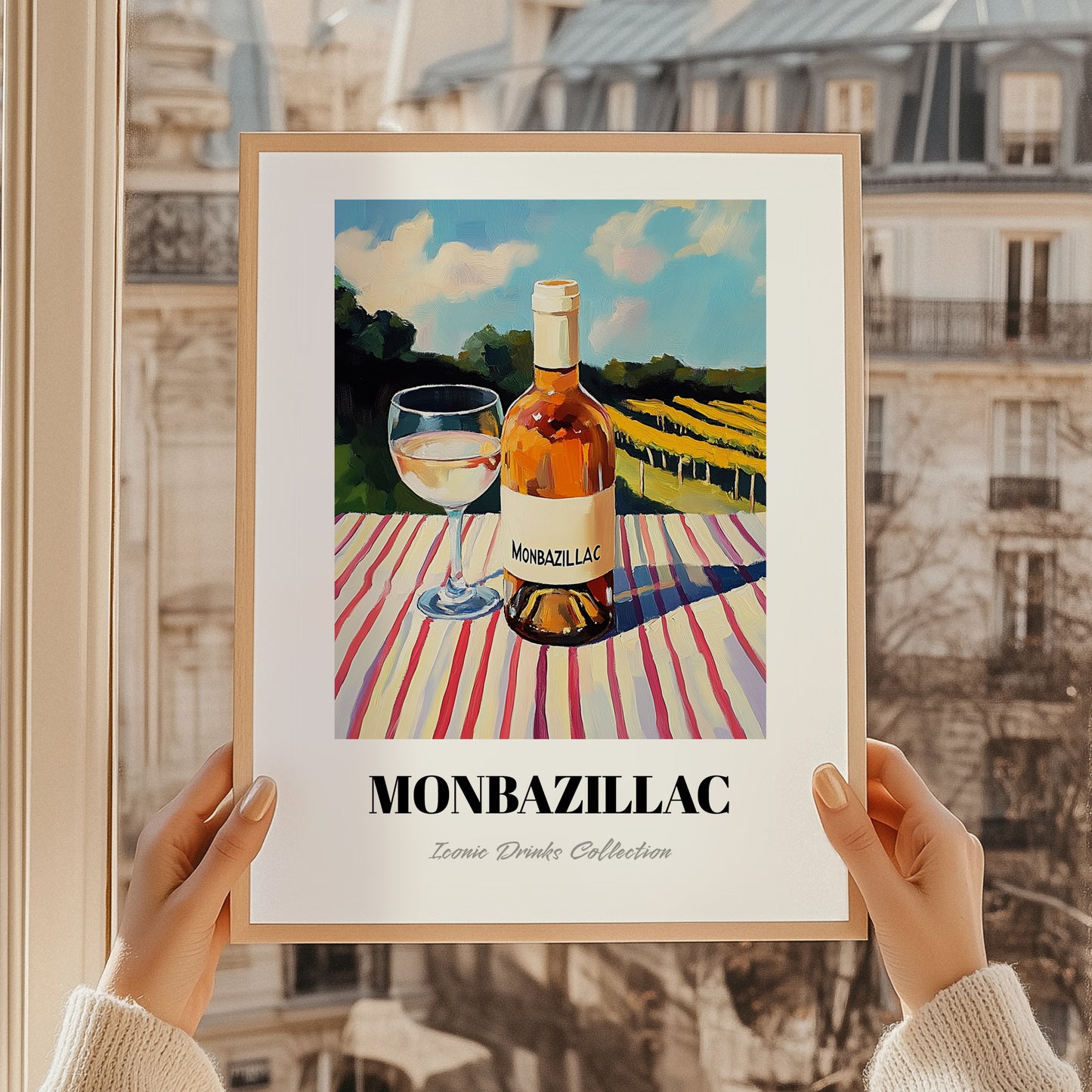 Monbazillac – French Hillside Café View, French Wine Illustration, styled in a charming Paris street view