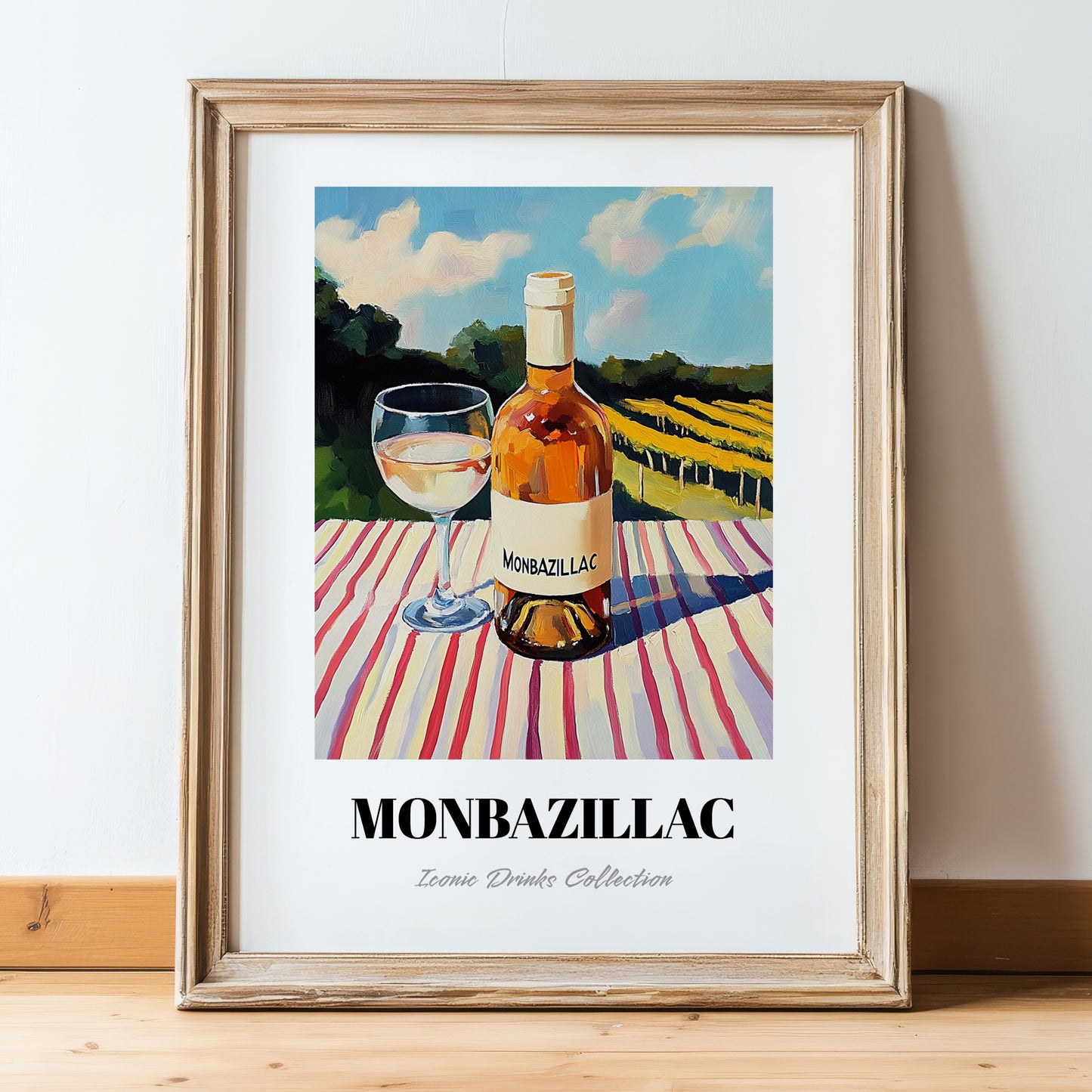 Monbazillac – French Hillside Café View, French Wine Illustration, in wooden frame leaning on the floor