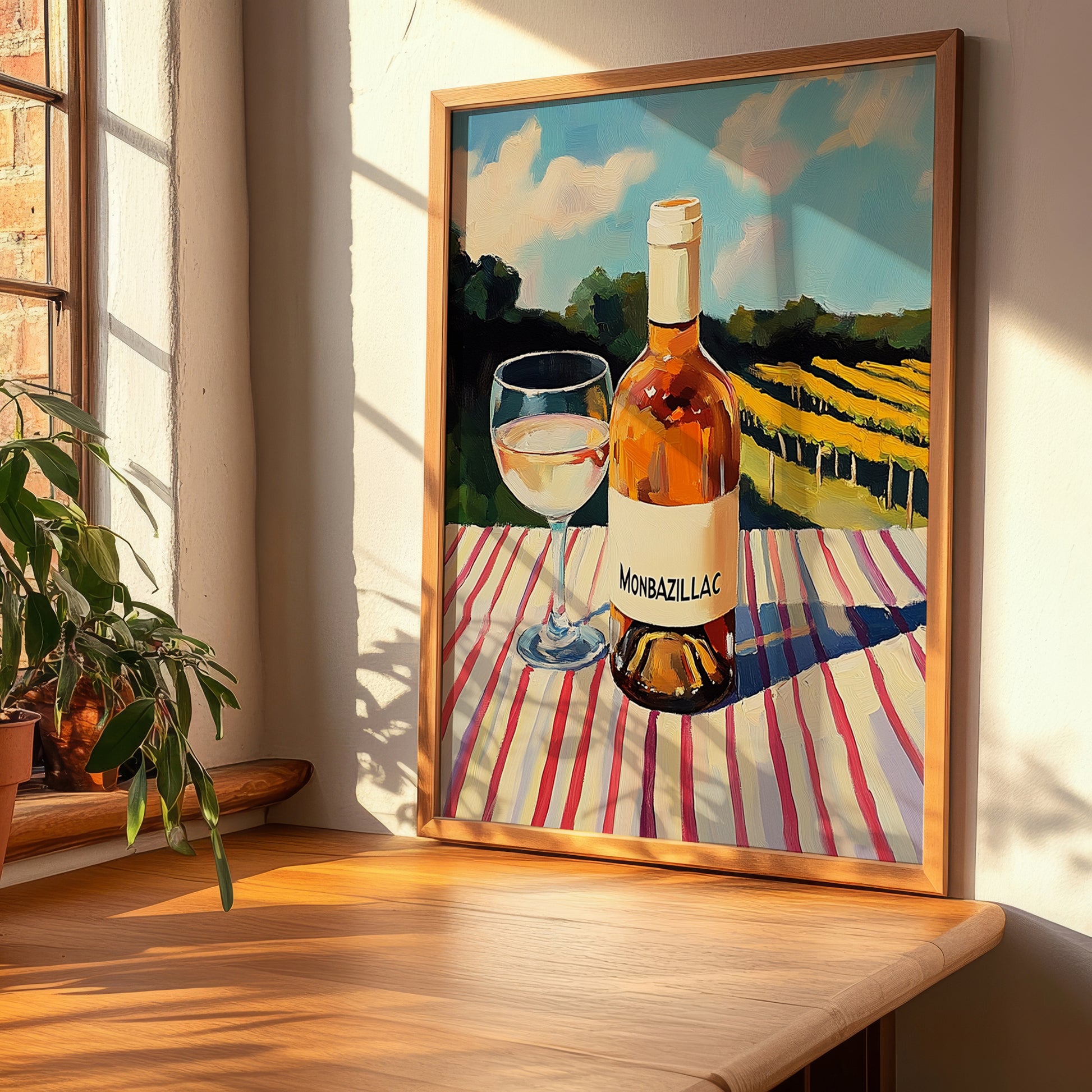 Monbazillac – French Hillside Café View, French Wine Illustration, clean layout with no caption