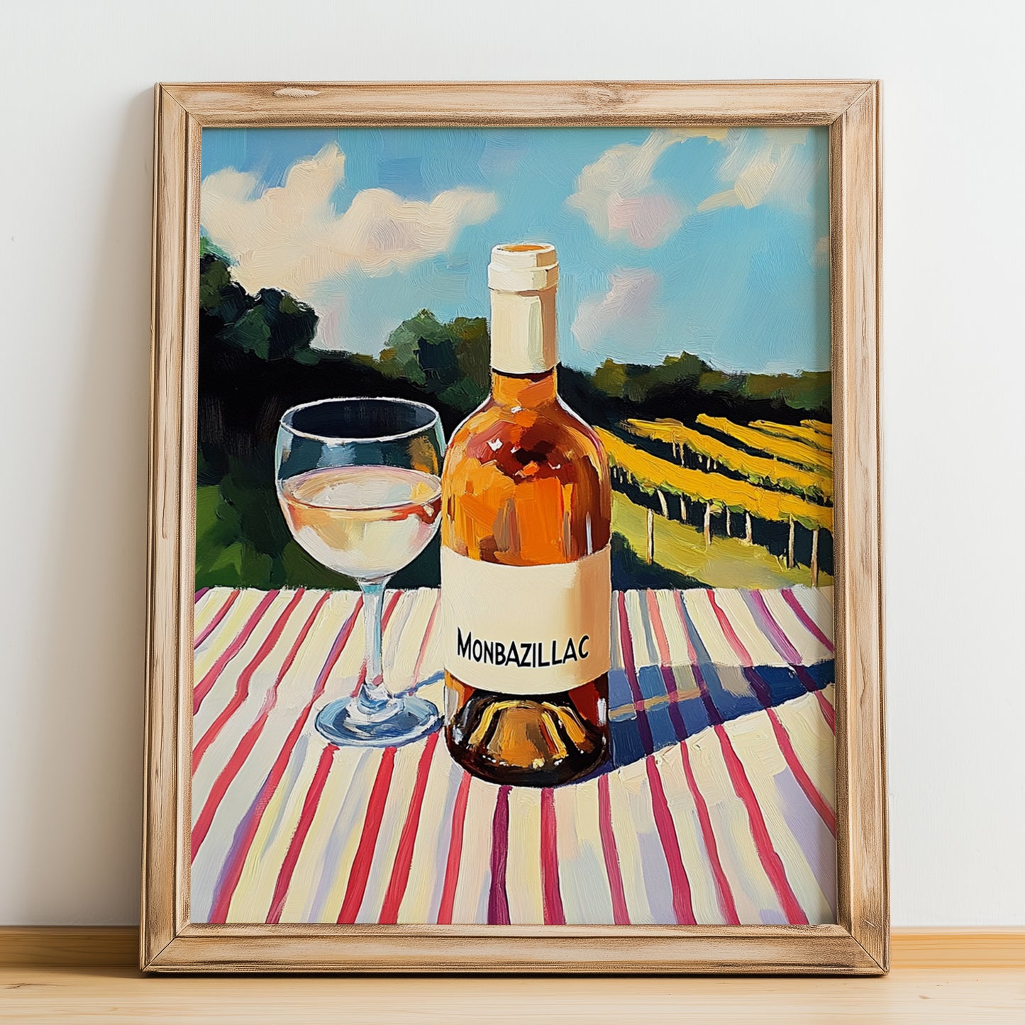 Monbazillac – French Hillside Café View, French Wine Illustration, no-text version framed in wood