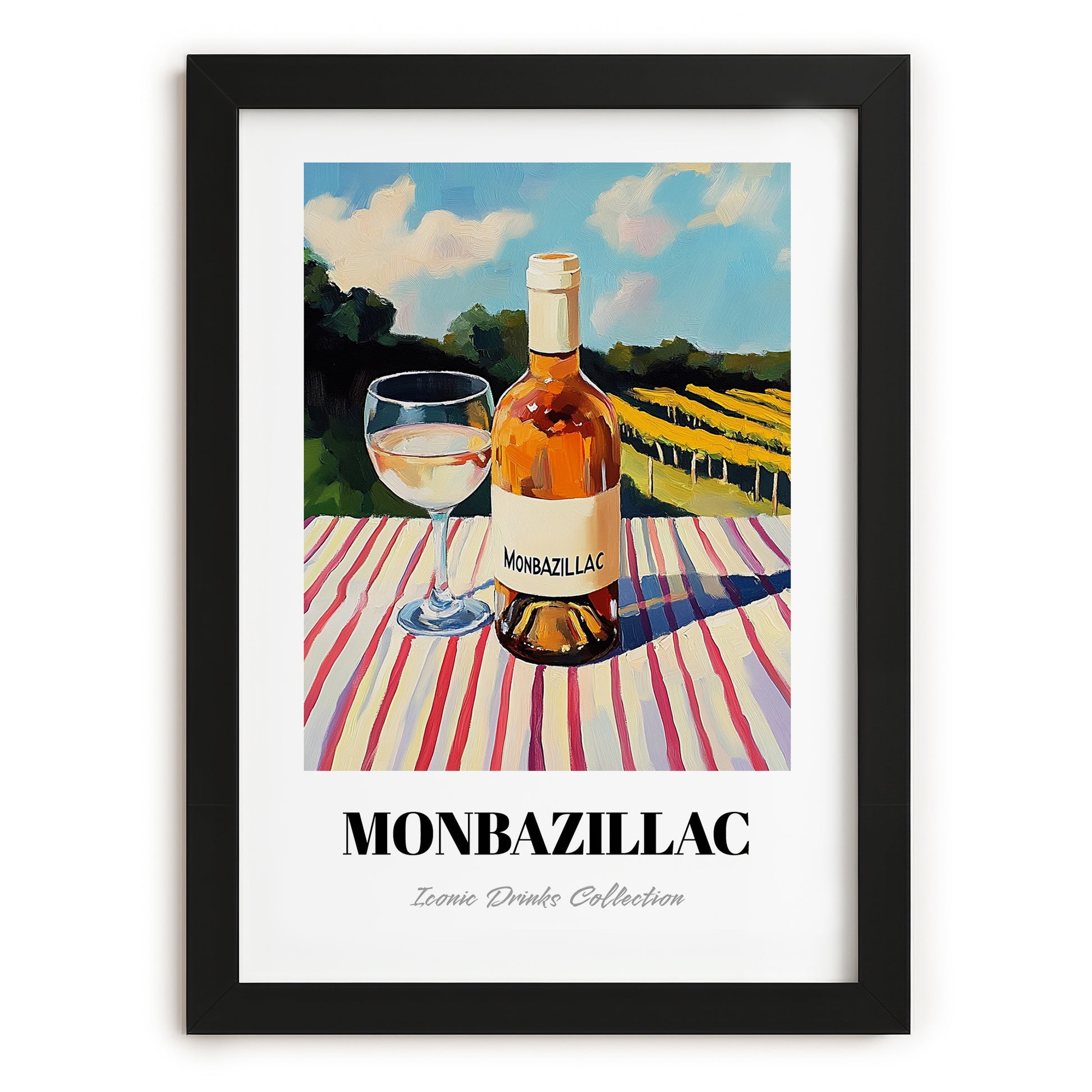 Monbazillac – French Hillside Café View, French Wine Illustration, in sleek black frame