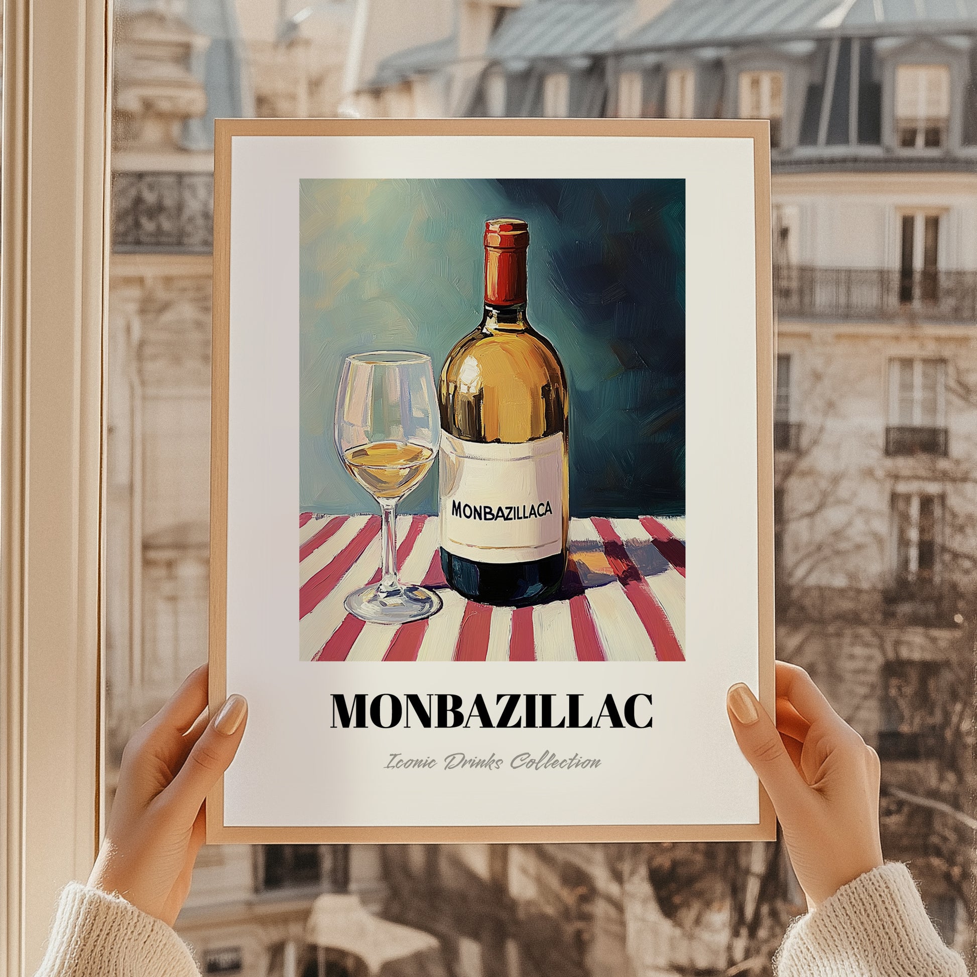 Monbazillac – on Striped Tablecloth, French Wine Wall Decor, styled in a charming Paris street view