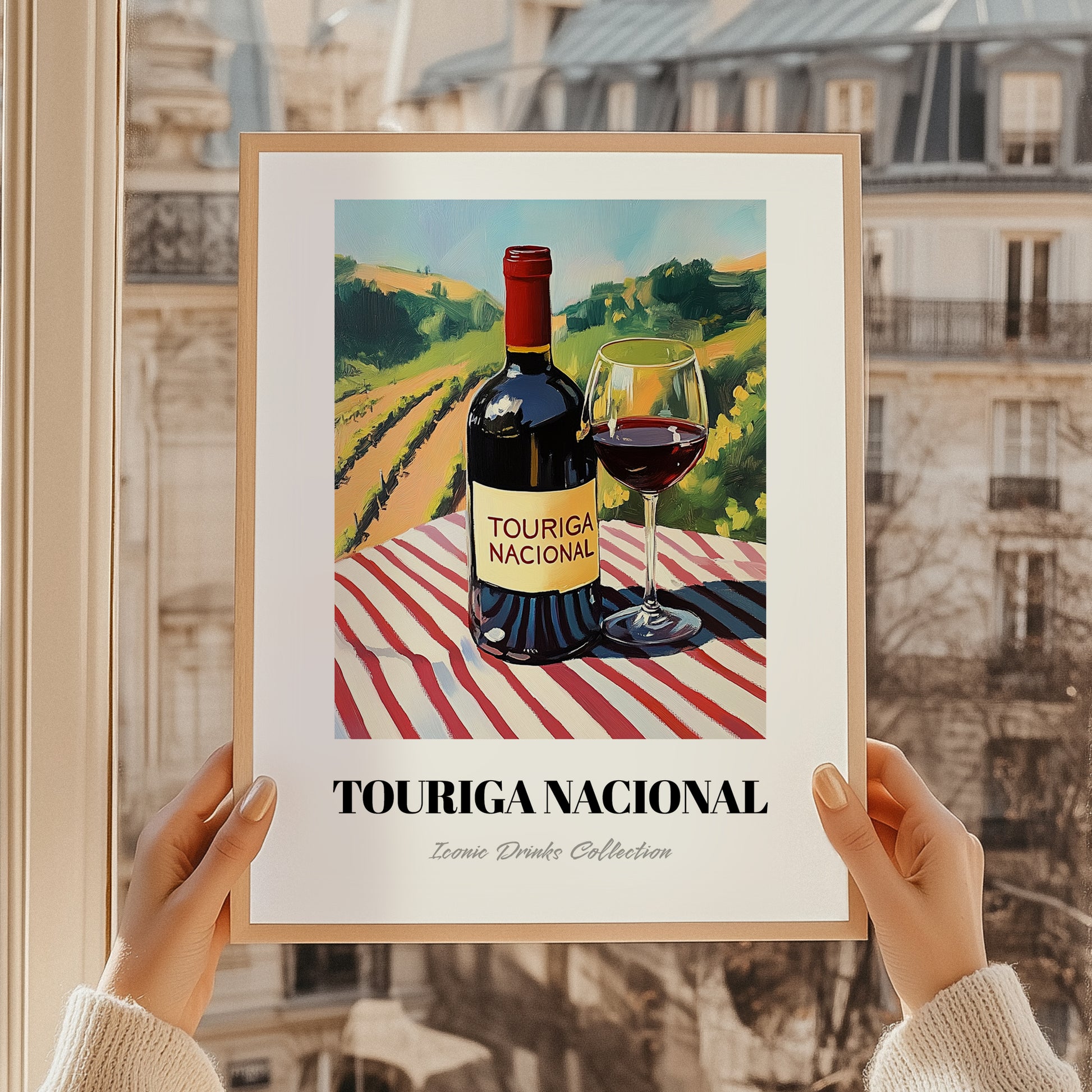 Touriga Nacional – Portuguese Hilltop Table Scene, Portuguese Wine Wall Decor, styled in a charming Paris street view