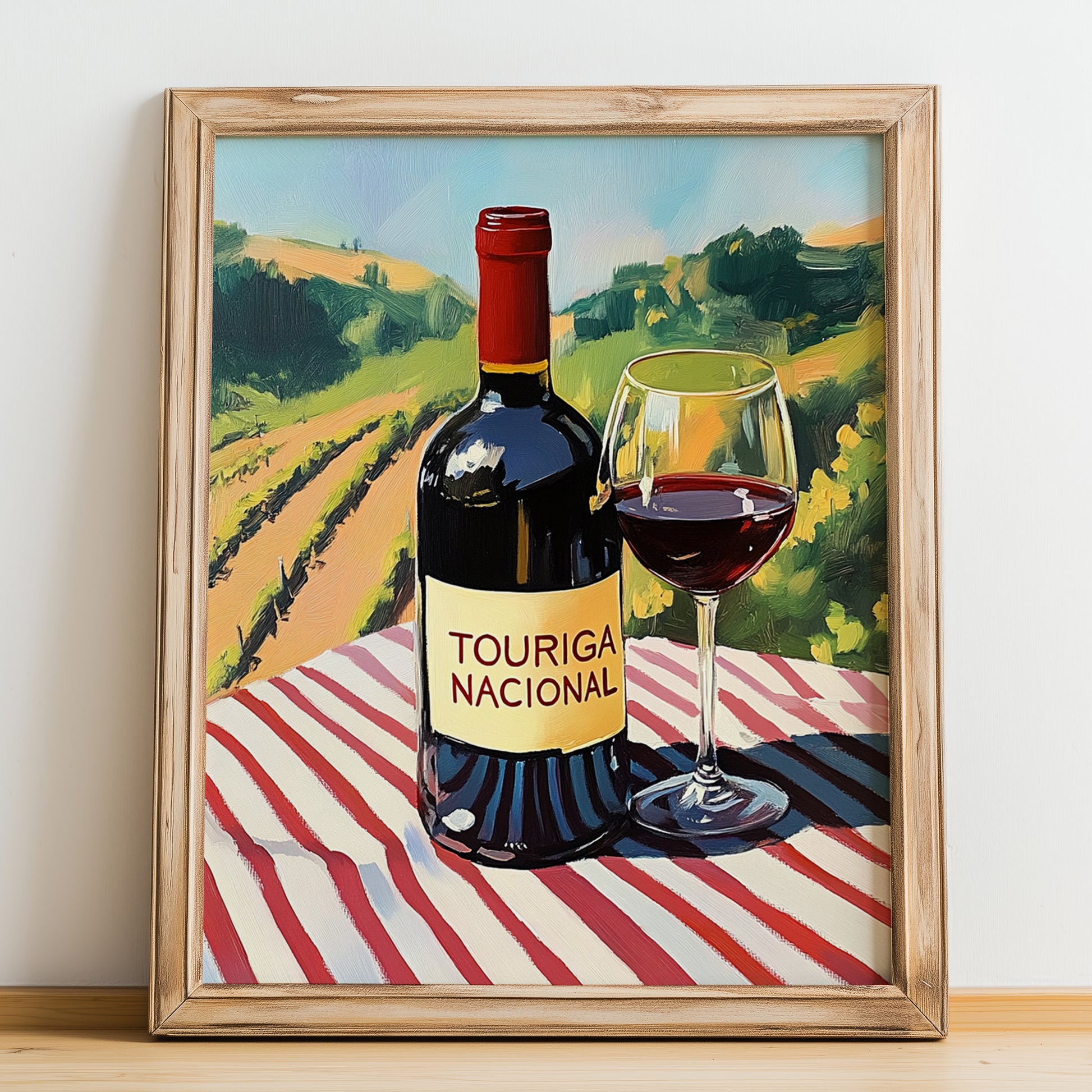 Touriga Nacional – Portuguese Hilltop Table Scene, Portuguese Wine Wall Decor, no-text version framed in wood