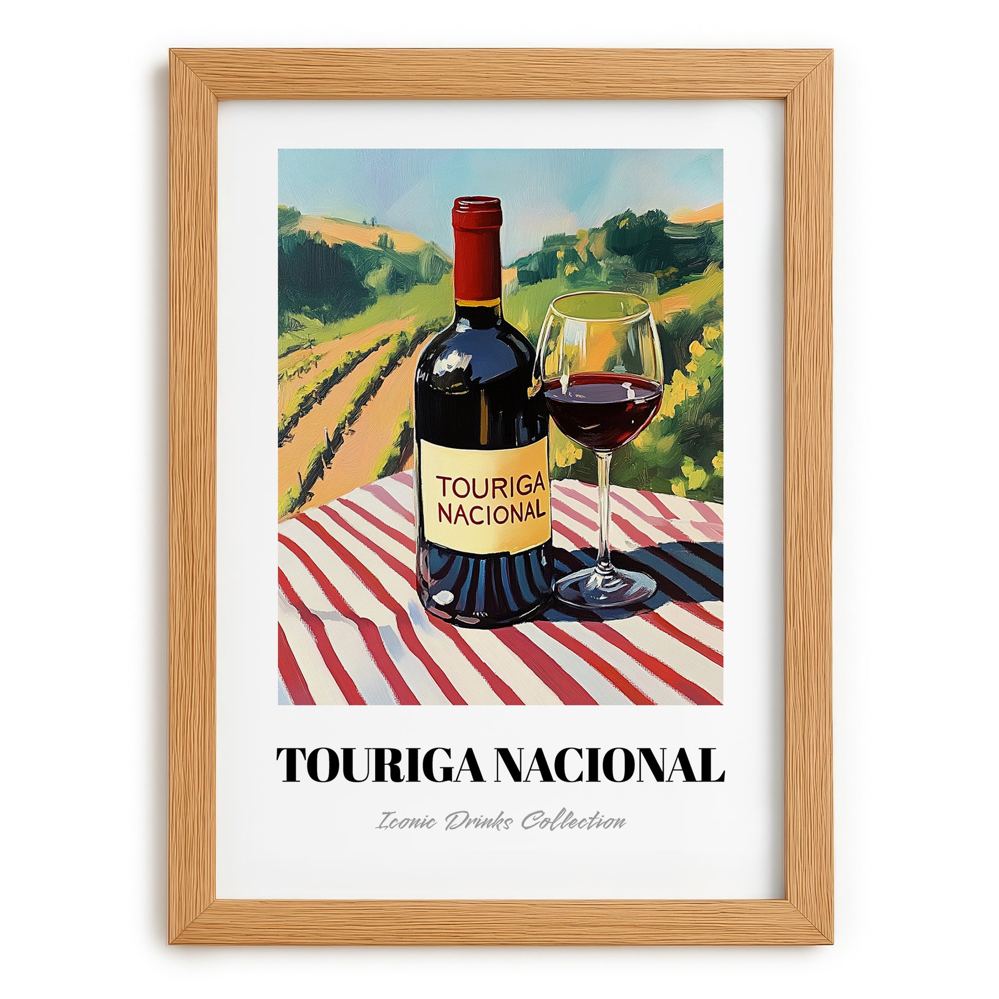 Touriga Nacional – Portuguese Hilltop Table Scene, Portuguese Wine Wall Decor, set in oak frame