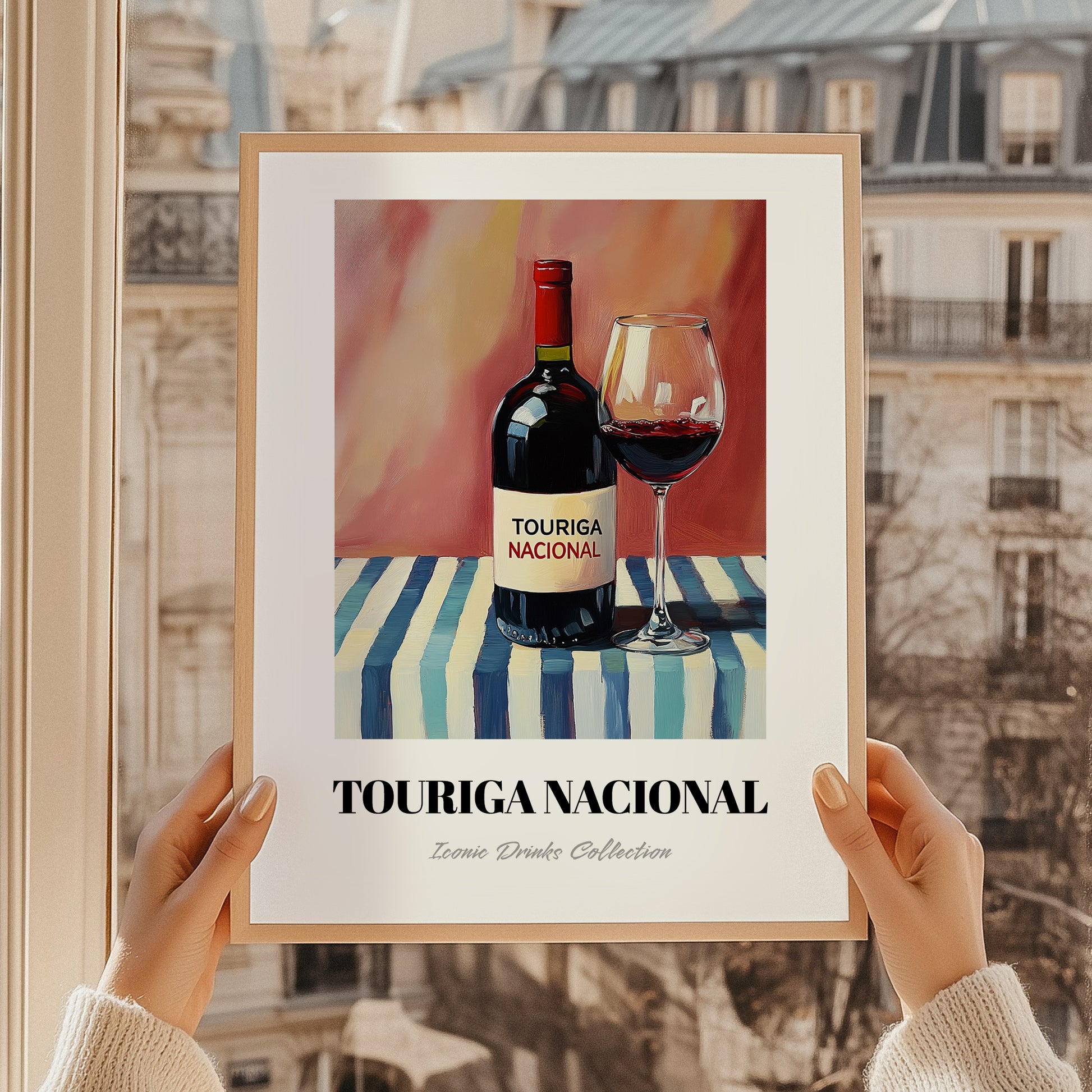 Touriga Nacional – on Striped Tablecloth, Portuguese Wine Still Life, styled in a charming Paris street view