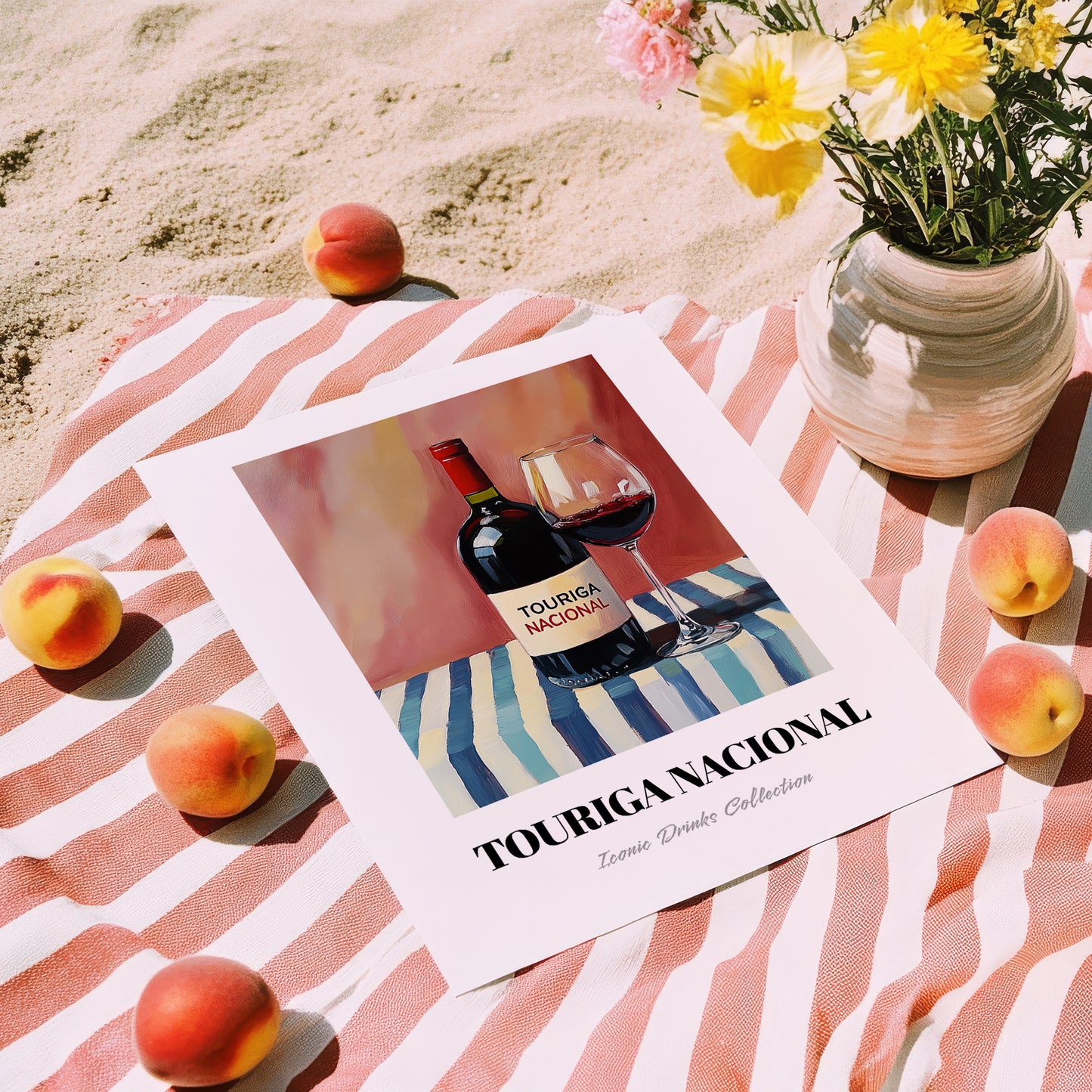 Touriga Nacional – on Striped Tablecloth, Portuguese Wine Still Life, unframed on coastal sand