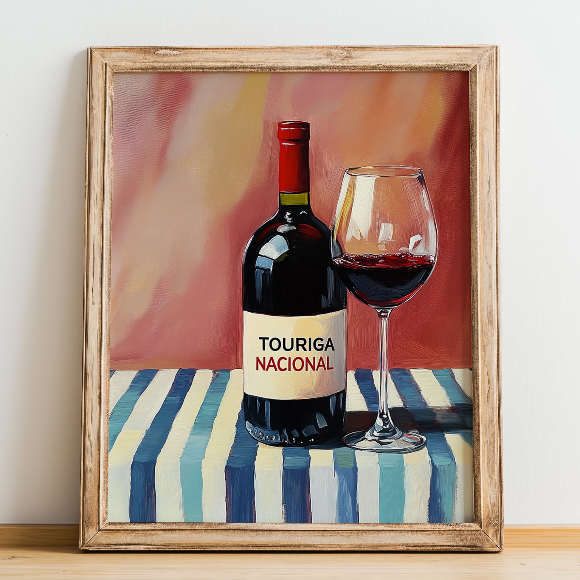 Touriga Nacional – on Striped Tablecloth, Portuguese Wine Still Life, no-text version framed in wood