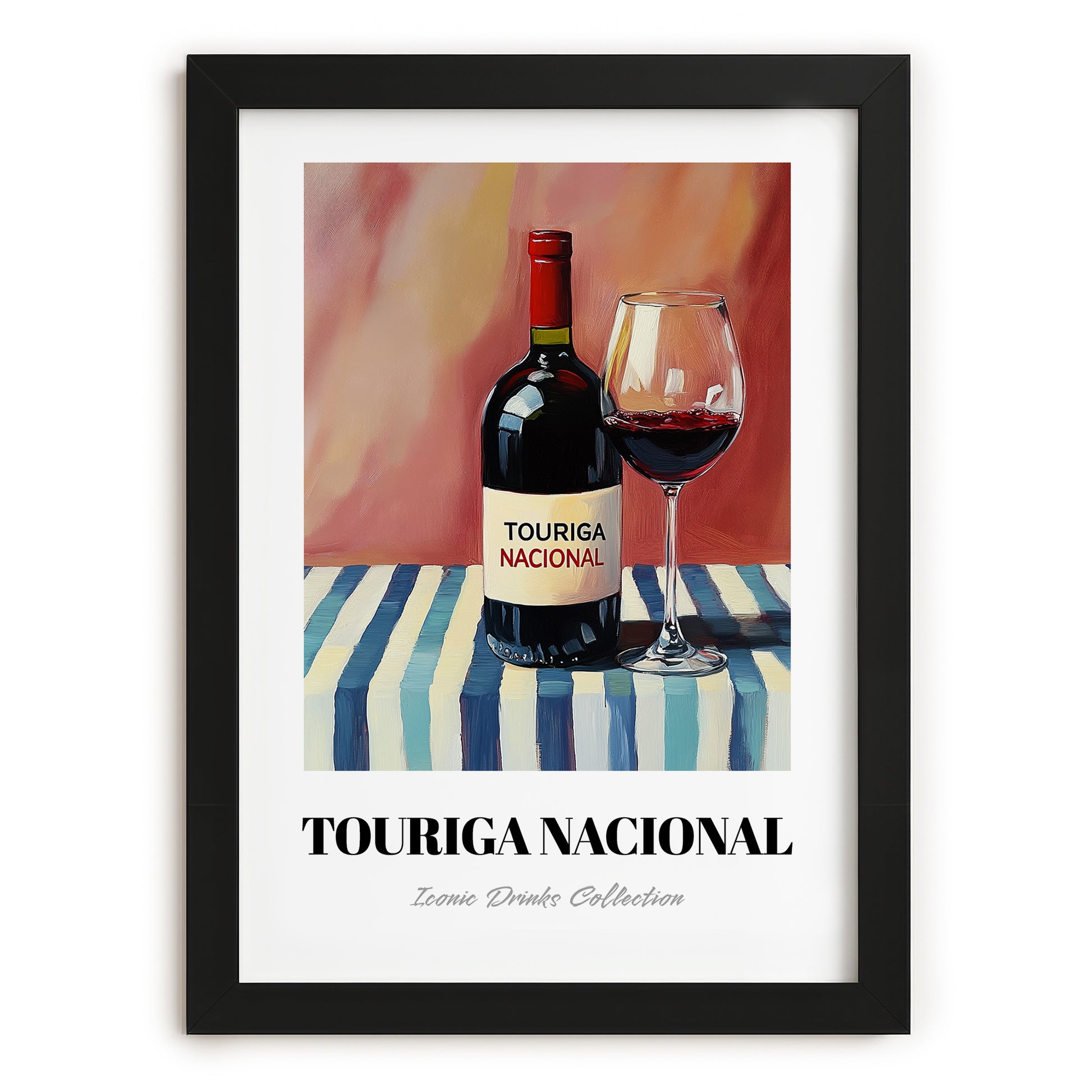 Touriga Nacional – on Striped Tablecloth, Portuguese Wine Still Life, in sleek black frame