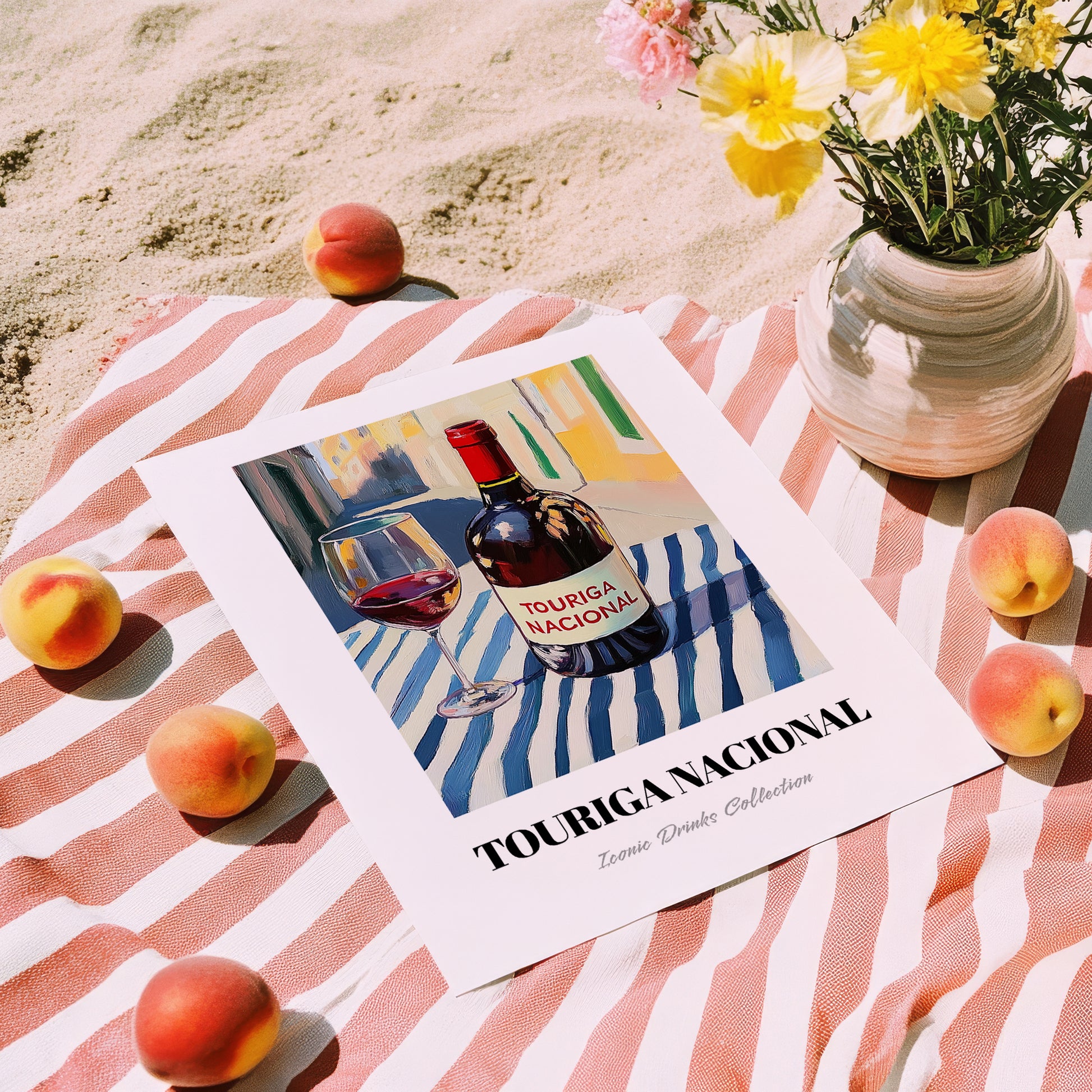 Touriga Nacional – Portuguese Street Café Scene, Portuguese Wine Wall Illustration, unframed on coastal sand