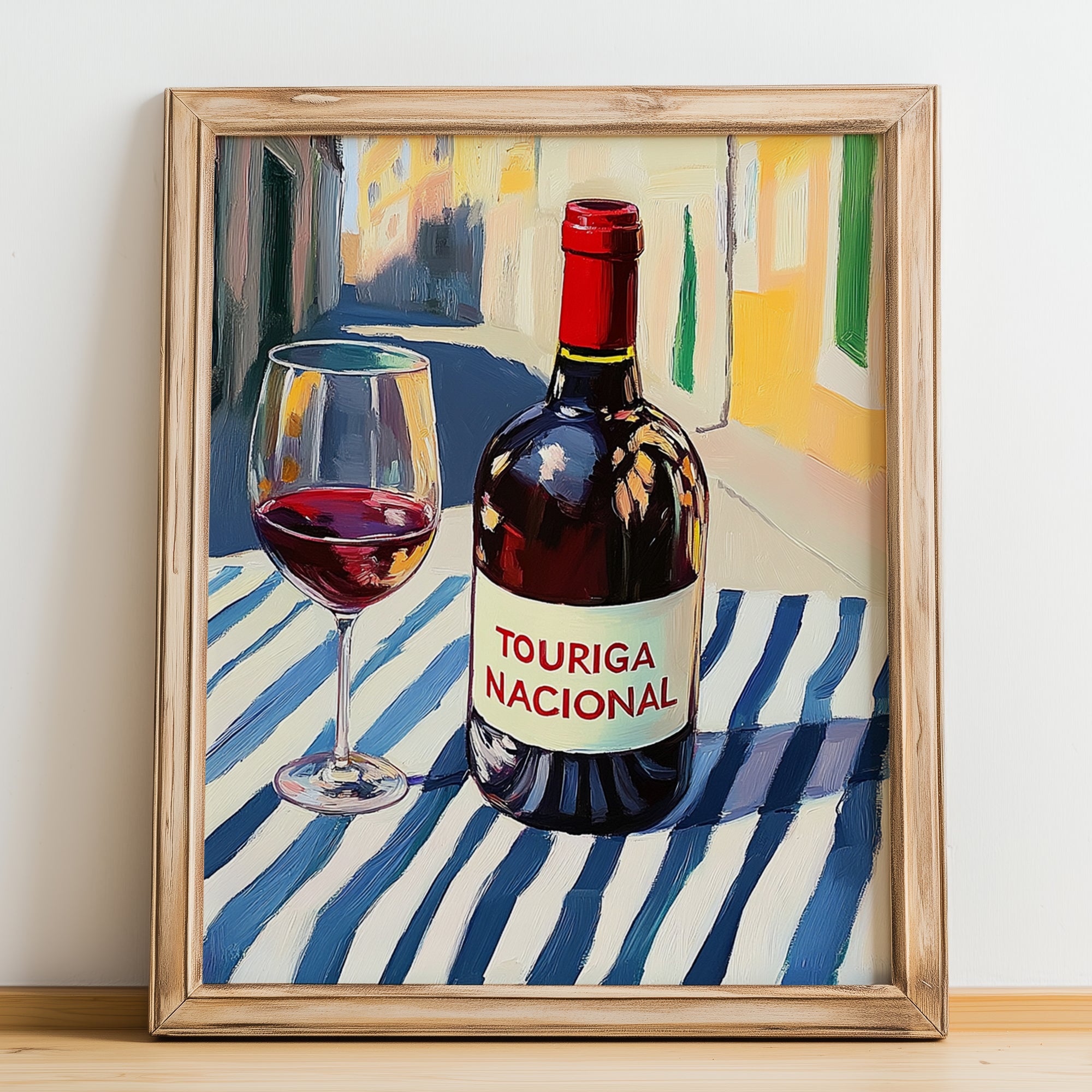 Touriga Nacional – Portuguese Street Café Scene, Portuguese Wine Wall Illustration, no-text version framed in wood