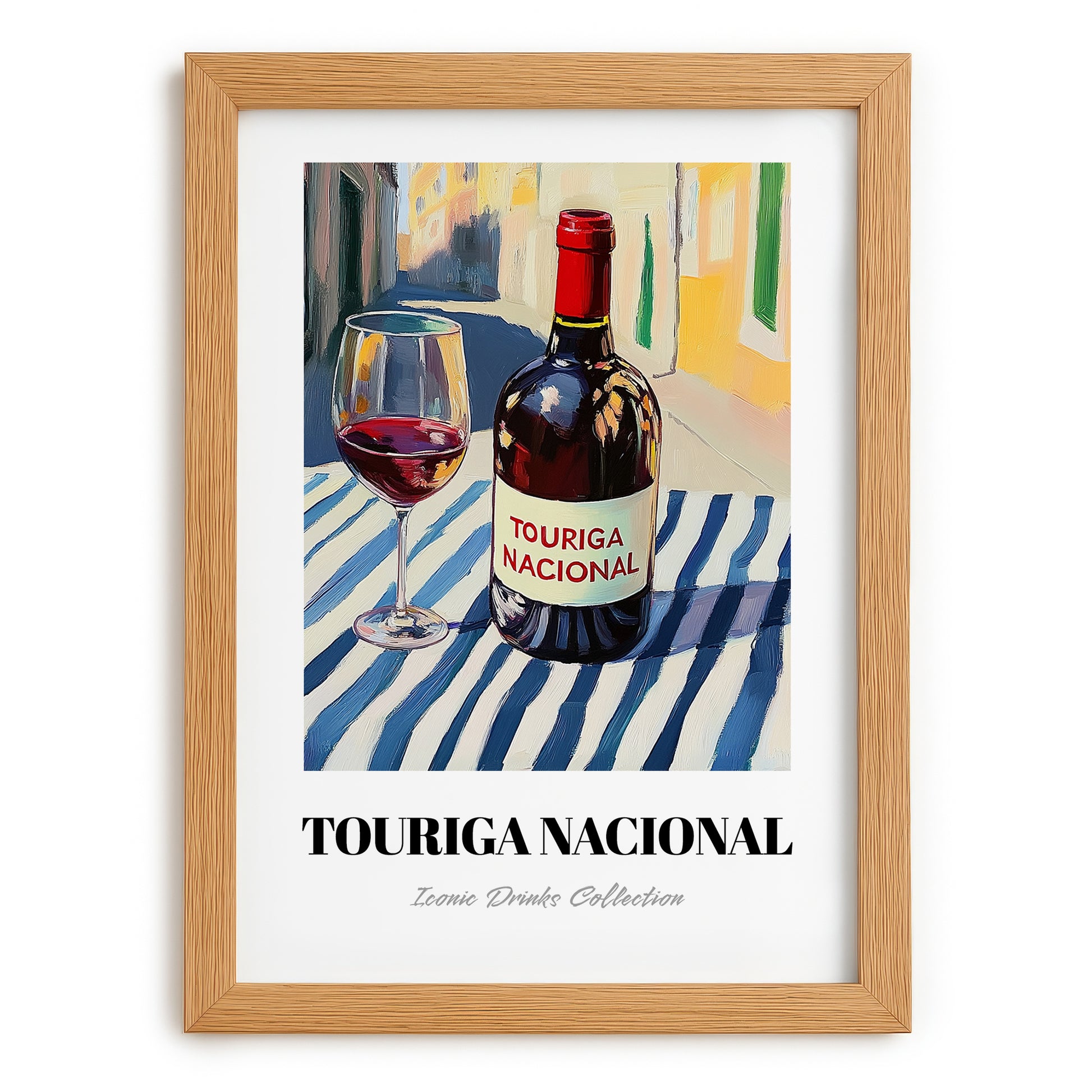 Touriga Nacional – Portuguese Street Café Scene, Portuguese Wine Wall Illustration, set in oak frame