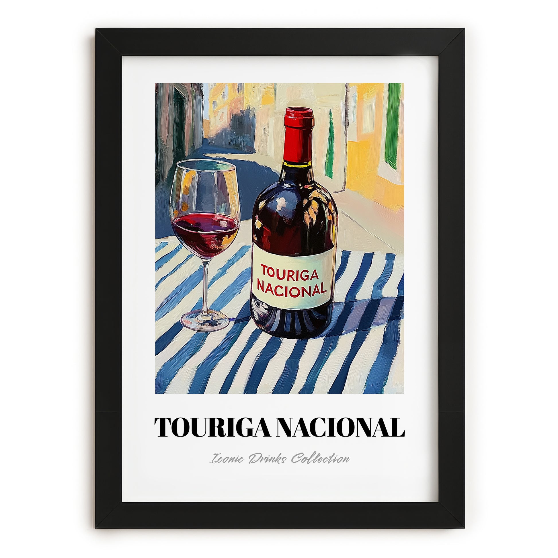 Touriga Nacional – Portuguese Street Café Scene, Portuguese Wine Wall Illustration, in sleek black frame