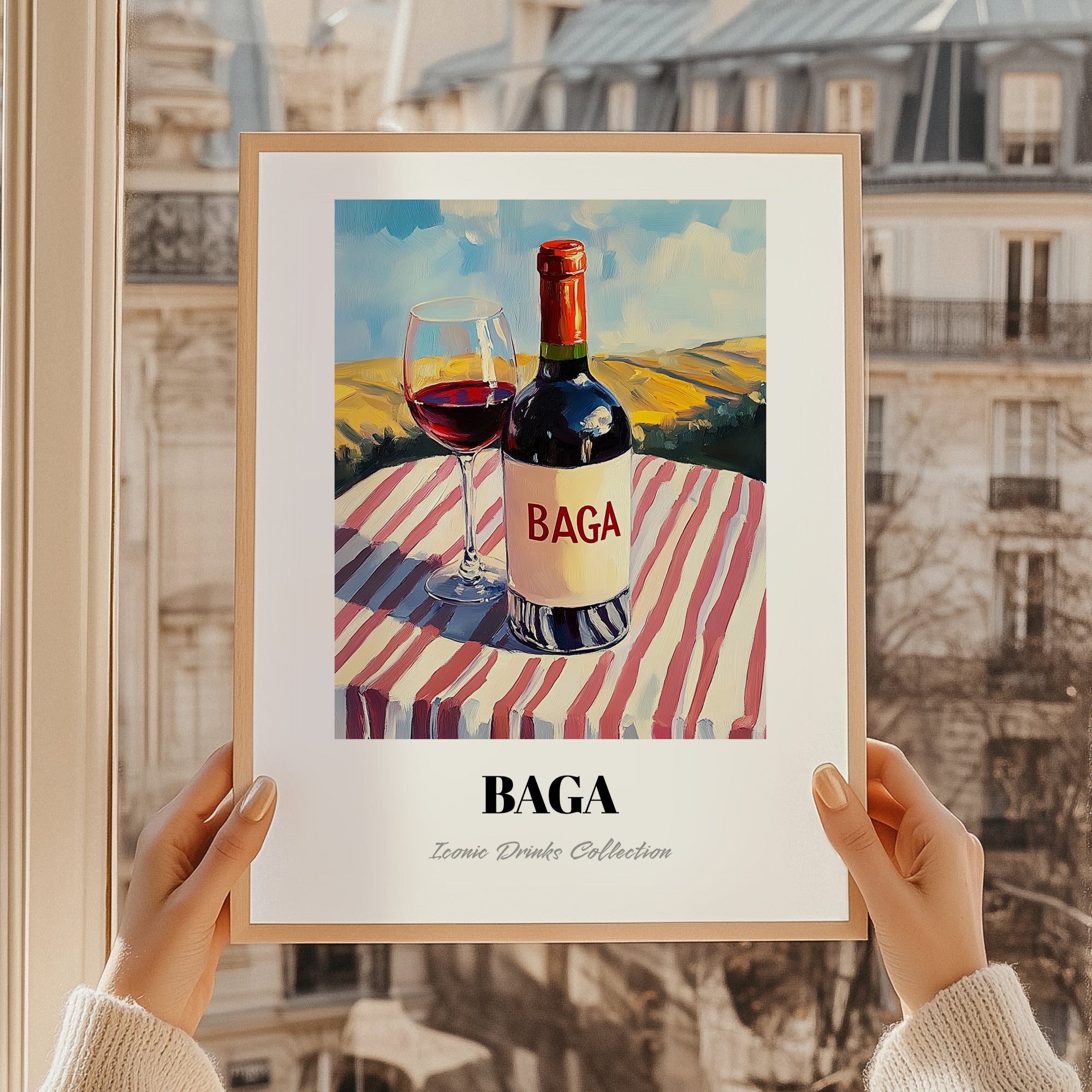 Baga – Portuguese Hilltop Café Scene, Portuguese Wine Illustration, styled in a charming Paris street view