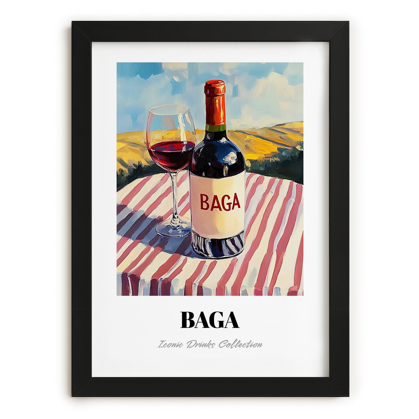 Baga – Portuguese Hilltop Café Scene, Portuguese Wine Illustration, in sleek black frame