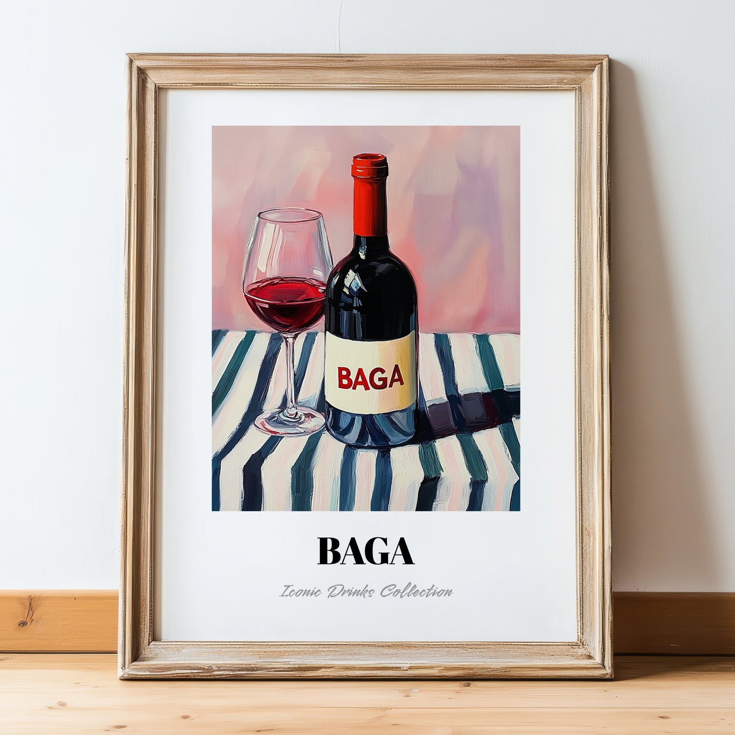 Baga – on Striped Tablecloth, Portuguese Wine Illustration, in wooden frame leaning on the floor