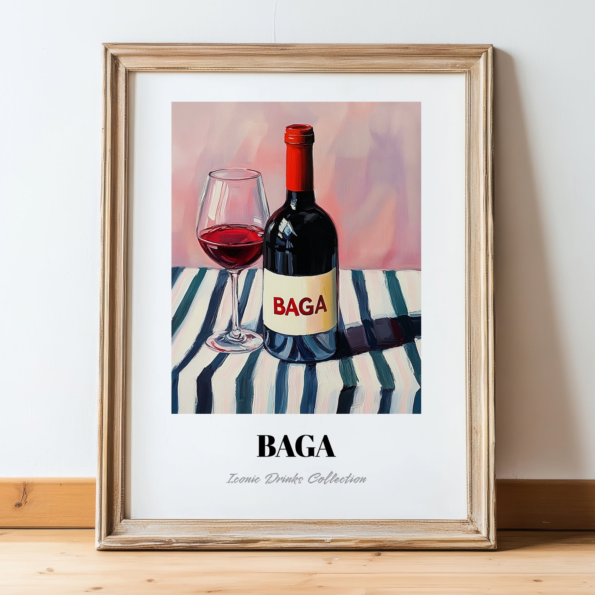 Baga – on Striped Tablecloth, Portuguese Wine Illustration, in wooden frame leaning on the floor