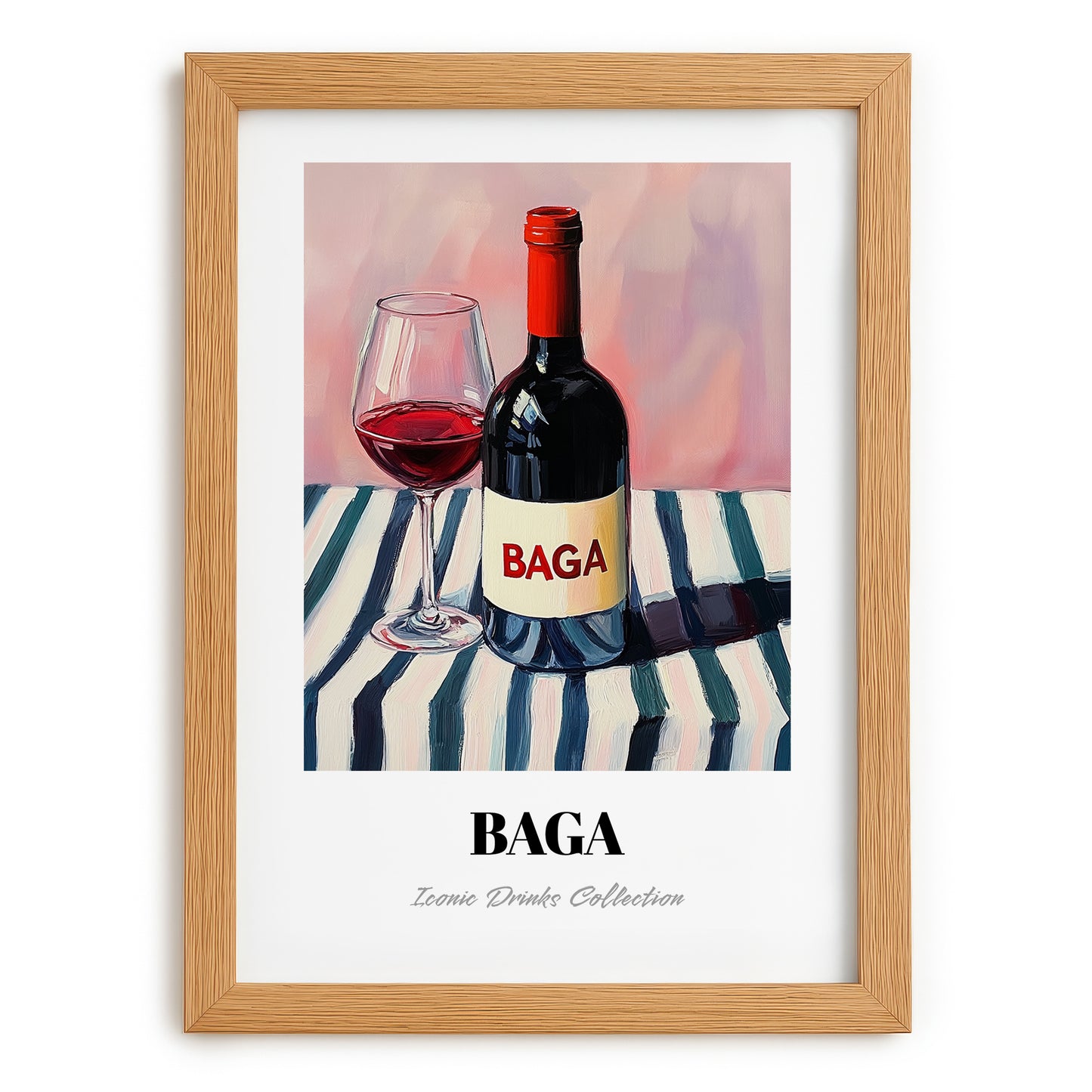 Baga – on Striped Tablecloth, Portuguese Wine Illustration, set in oak frame