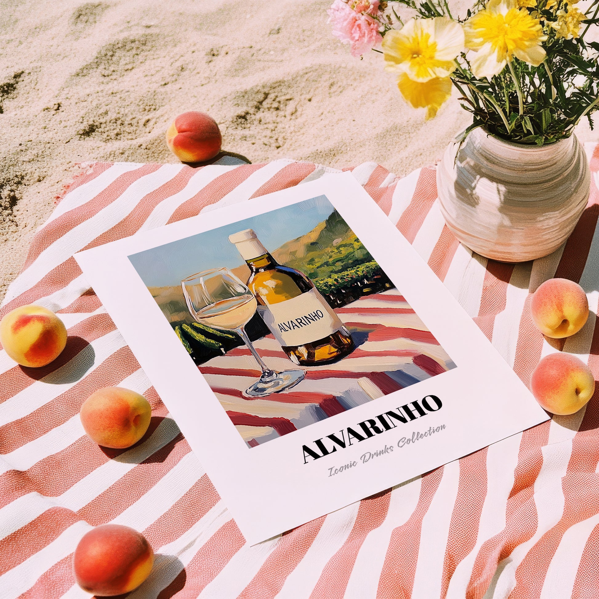 Alvarinho – Portuguese Hillside Café View, Portuguese Wine Wall Illustration, unframed on coastal sand