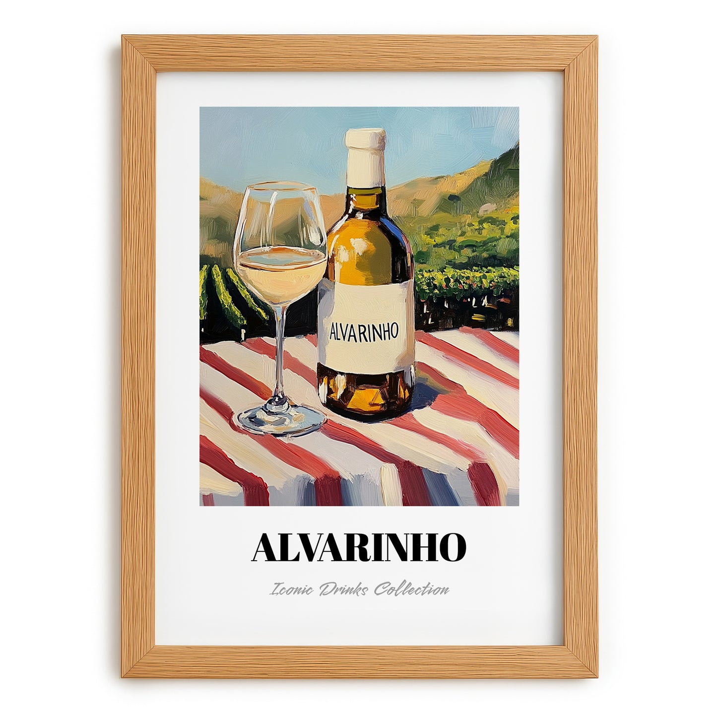 Alvarinho – Portuguese Hillside Café View, Portuguese Wine Wall Illustration, set in oak frame