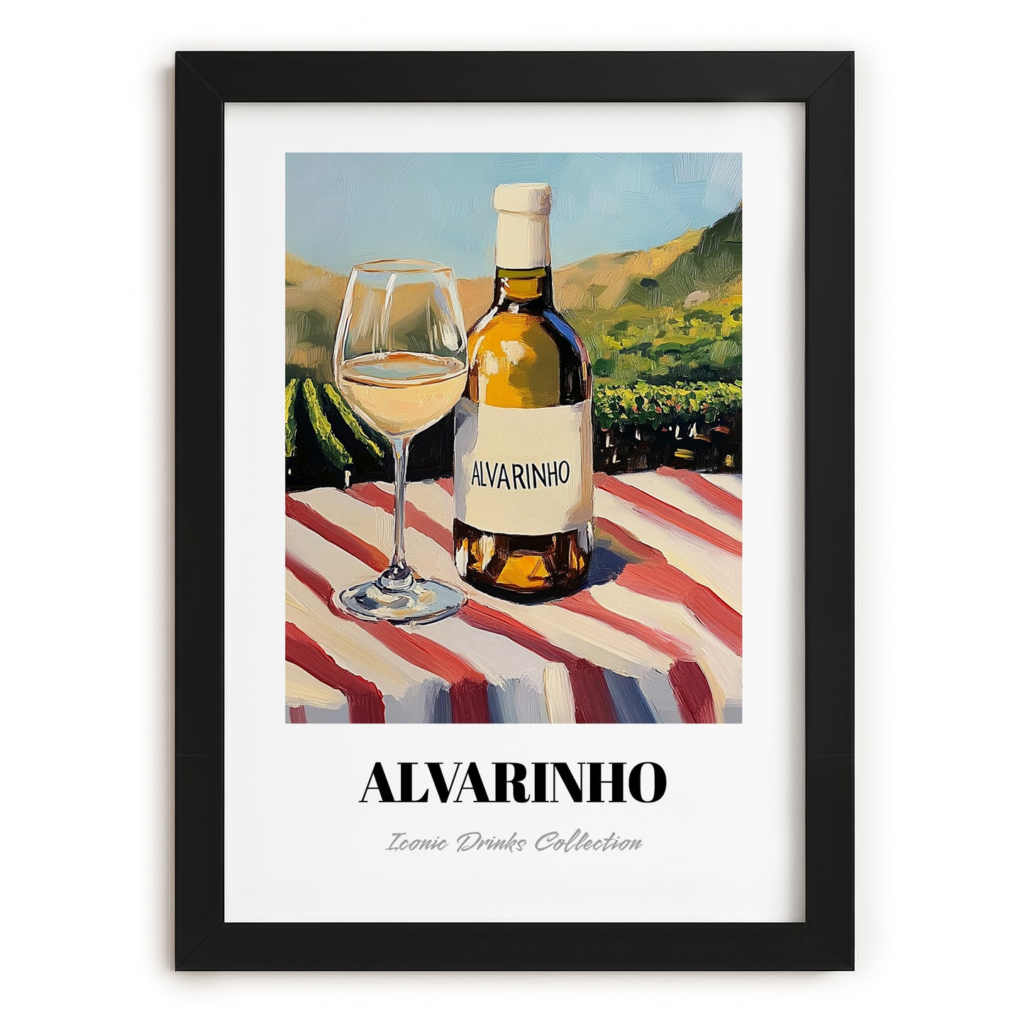 Alvarinho – Portuguese Hillside Café View, Portuguese Wine Wall Illustration, in sleek black frame