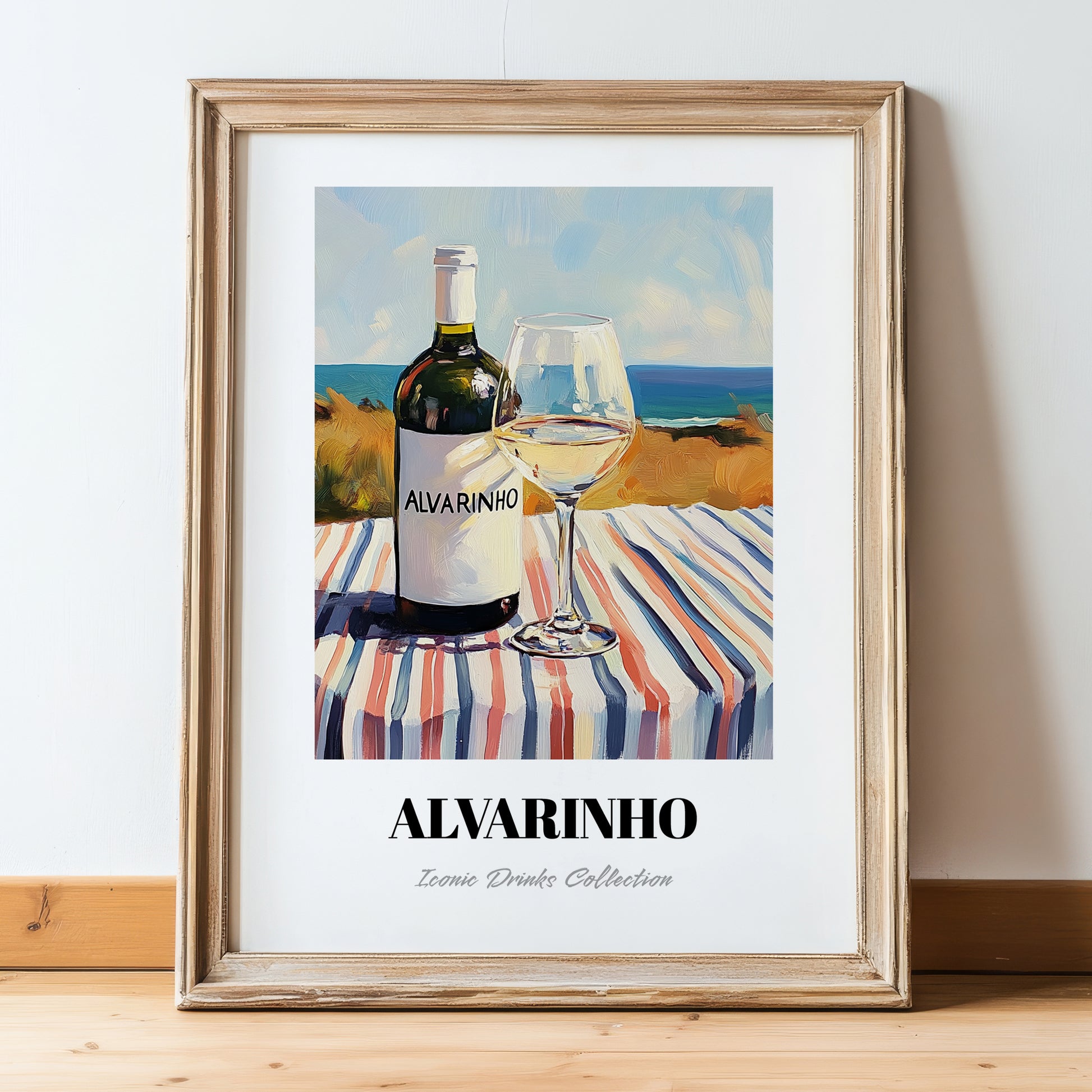 Alvarinho – Portuguese Seaside Scene, Portuguese Wine Illustration, in wooden frame leaning on the floor