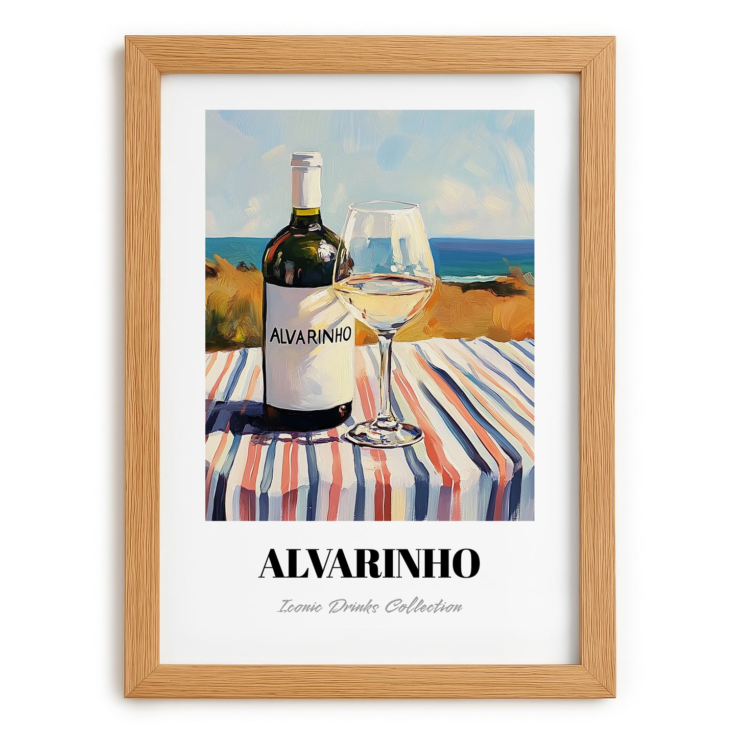 Alvarinho – Portuguese Seaside Scene, Portuguese Wine Illustration, set in oak frame