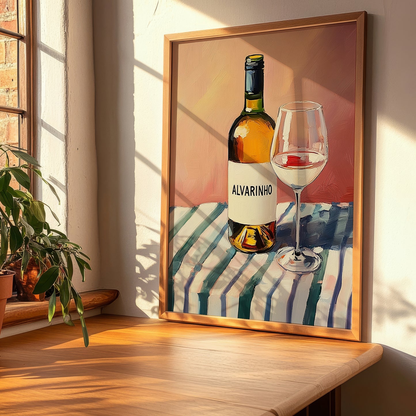 Alvarinho – on Striped Tablecloth, Portuguese Wine Still Life, clean layout with no caption