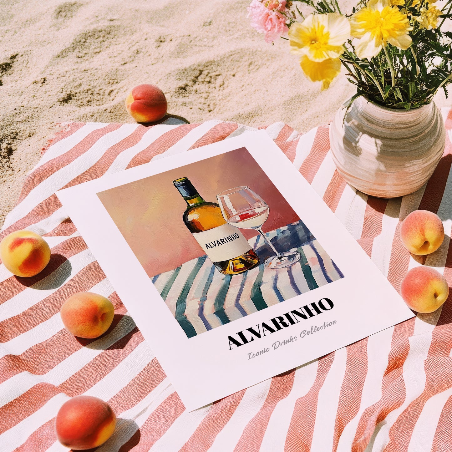 Alvarinho – on Striped Tablecloth, Portuguese Wine Still Life, unframed on coastal sand