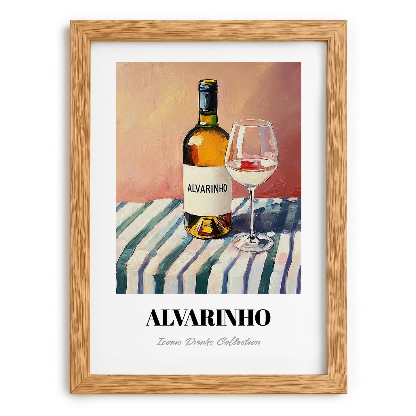 Alvarinho – on Striped Tablecloth, Portuguese Wine Still Life, set in oak frame