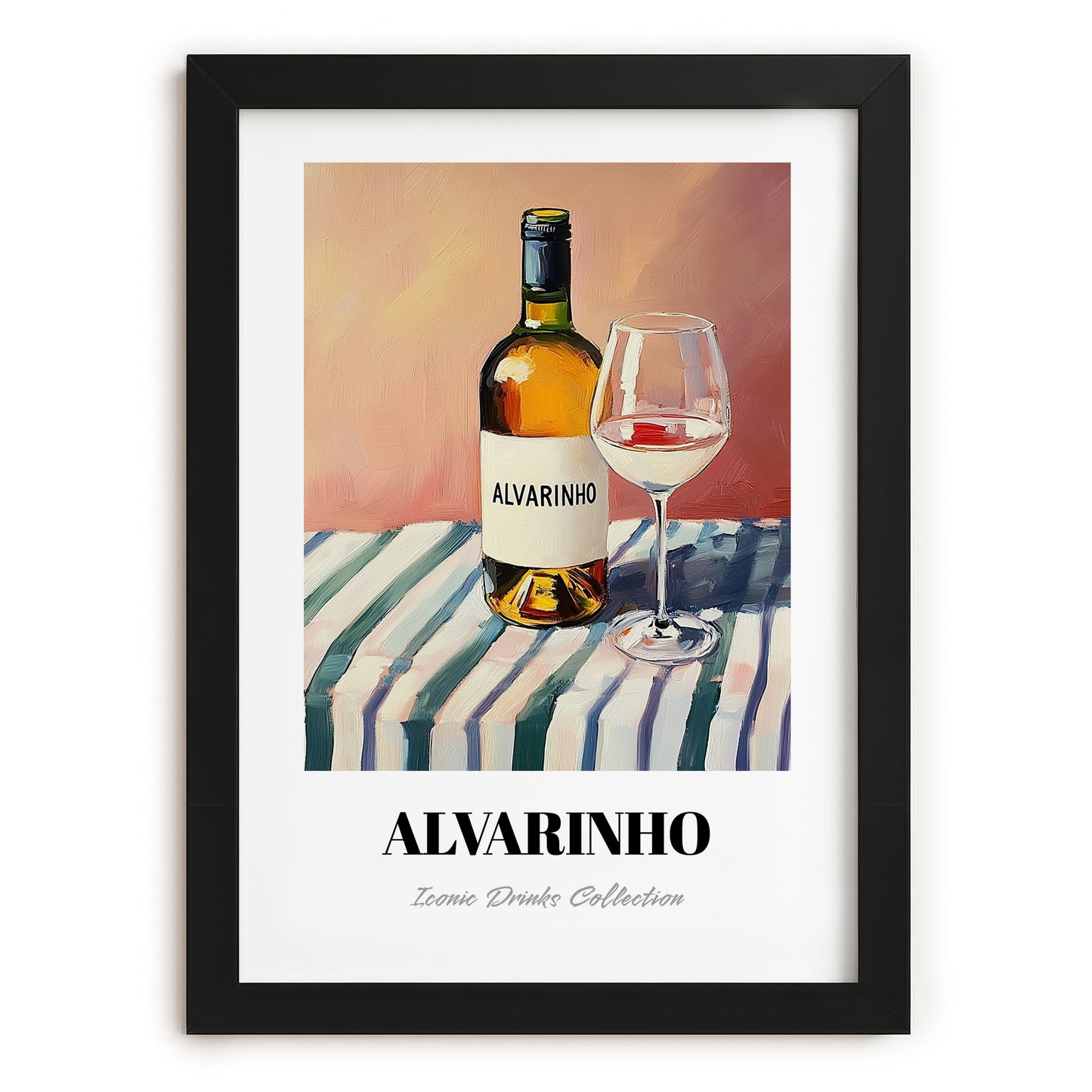 Alvarinho – on Striped Tablecloth, Portuguese Wine Still Life, in sleek black frame